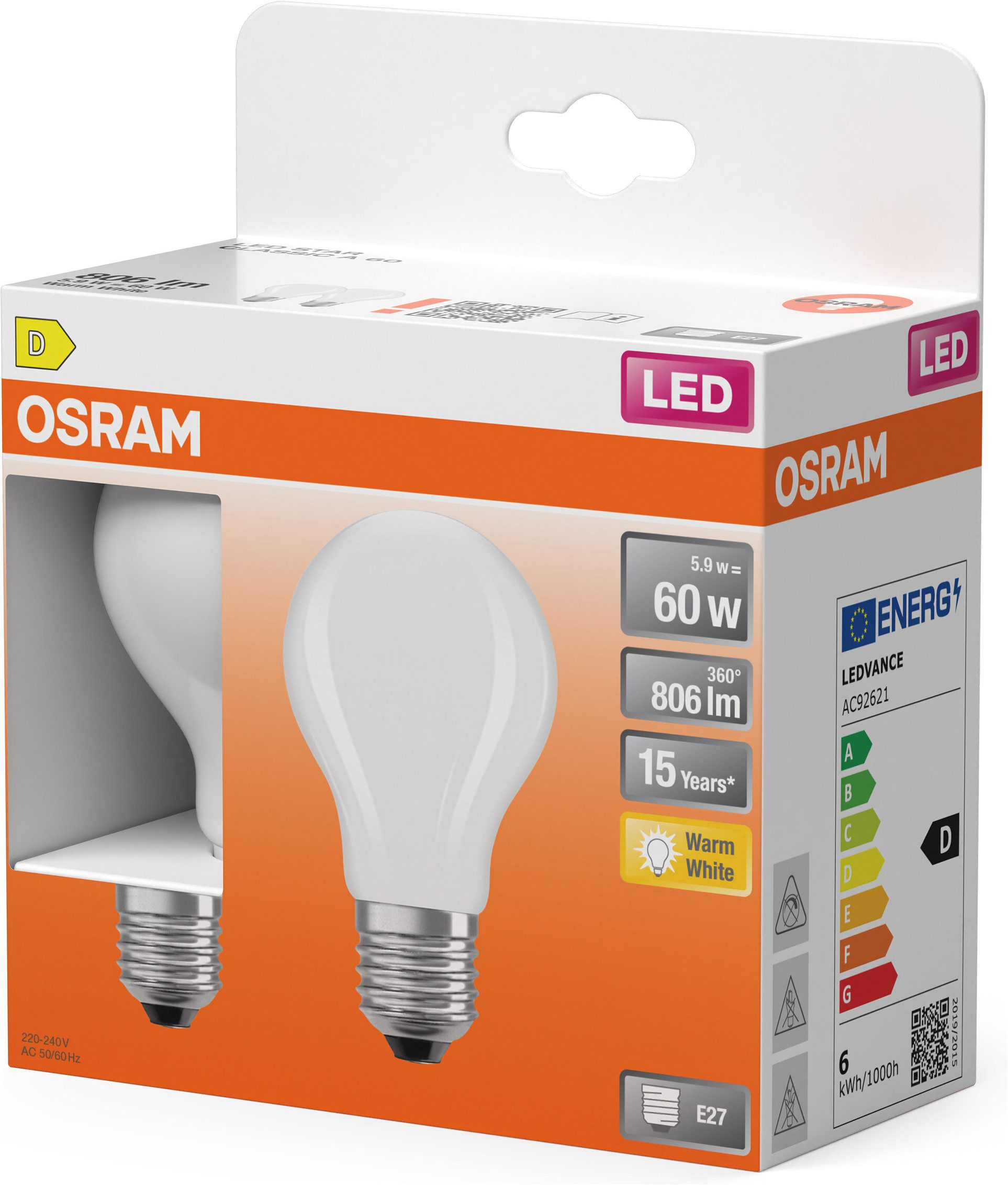 Osram LED-Leuchtmittel LED-Lampe Star Kolbenform A60, E27, 2 St., Warmweiß