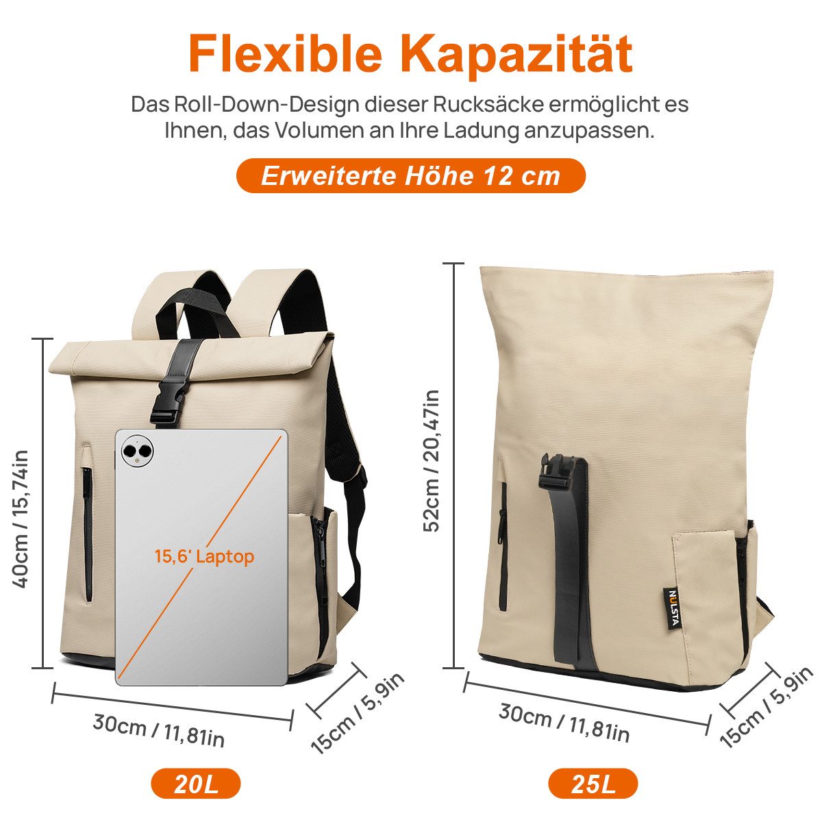 NULSTA Rucksack Rolltop Rucksack Wasserdicht Damen & Herren Daypack Freizeitrucksack, 30*15*40cm,Cityrucksack,Tourenrucksack,Schulrucksack
