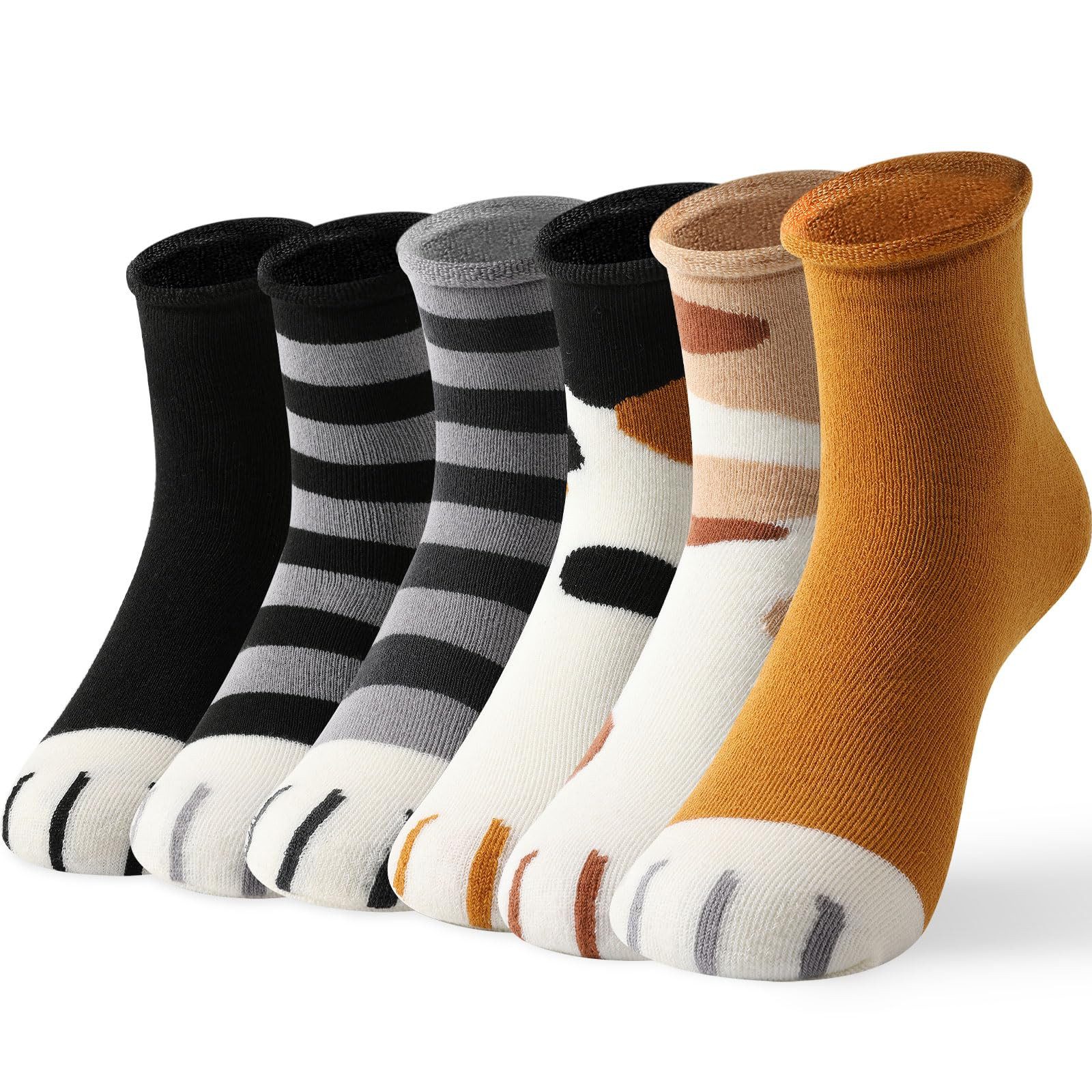 FOUORTUNATE-BEE Thermosocken 6 Paar Damen-Socken aus Fleece mit Katzenpfoten, Größe 35–42 (6-Paar) Kuschelige Damen-Cartoonsocken im Tierdesign, 6er-Pack, 35–42