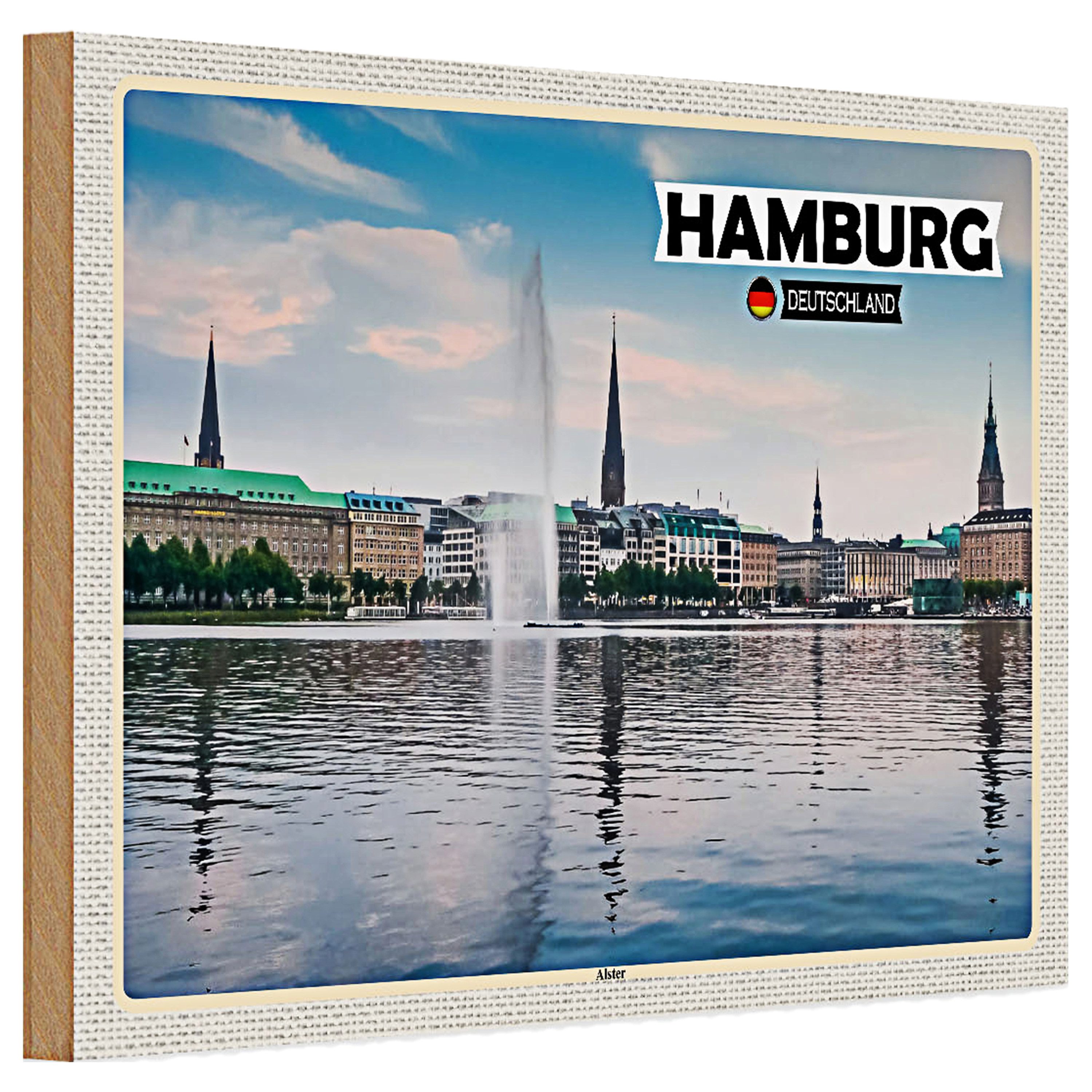 Roomando Holzbild Holzschild Städte Hamburg Alster Blick auf Fluss 30x20cm