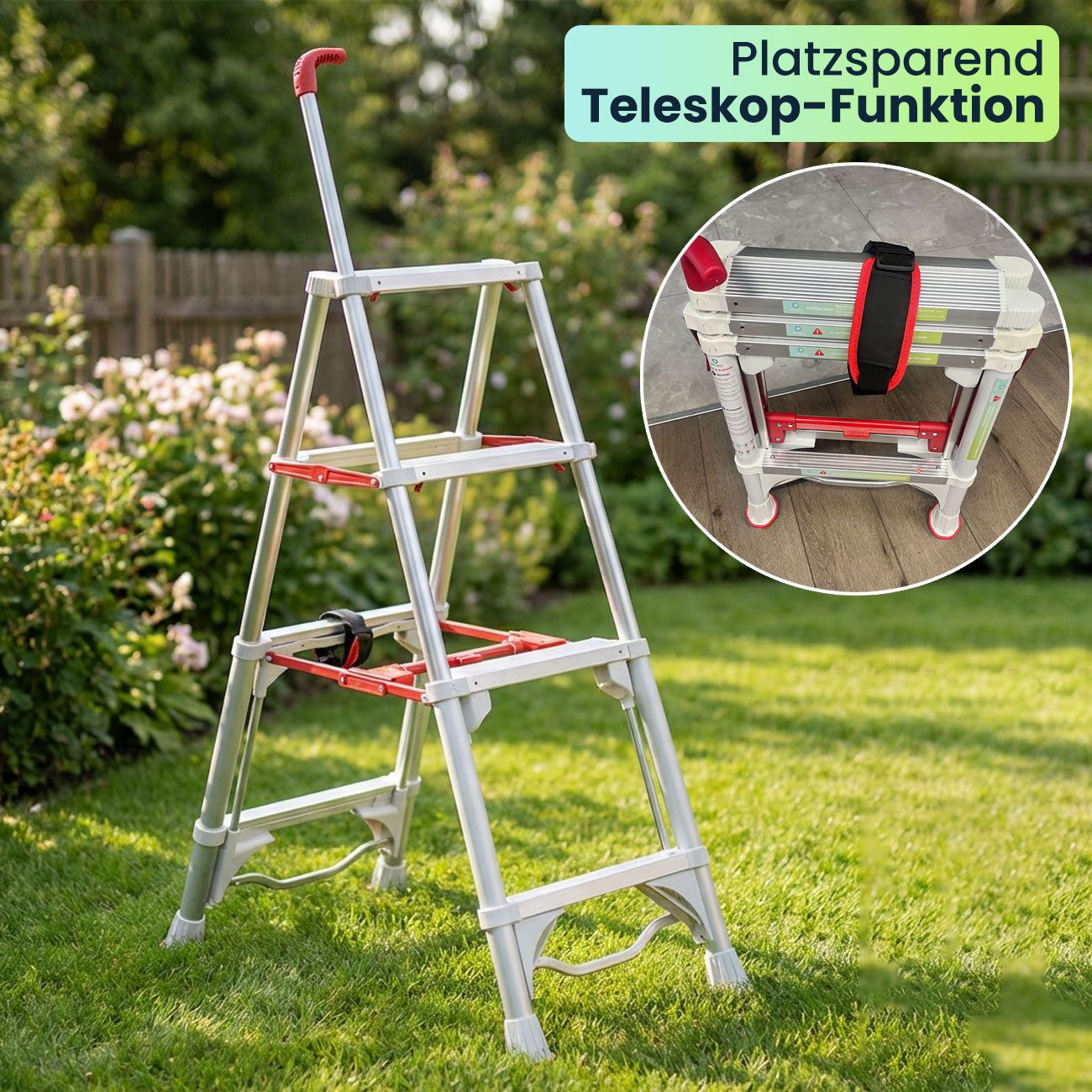 shop'n smile ideoon Teleskopleiter Robuste 4-stufige Doppeltrittleiter: Eine stabile Stehleiter klappbar, für Profis & Heimwerker, Haushaltsleiter bis 4 Stufen – Bild 4 von 5