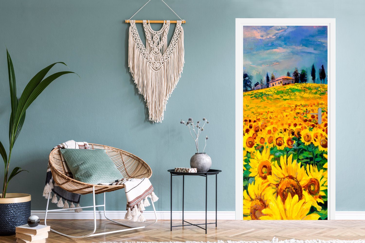 Türtapete Sonnenblume, - MuchoWow Tür, bedruckt, Türaufkleber, - St), (1 Gemälde Matt, cm - für Blumen Fototapete Ölfarbe 75x205