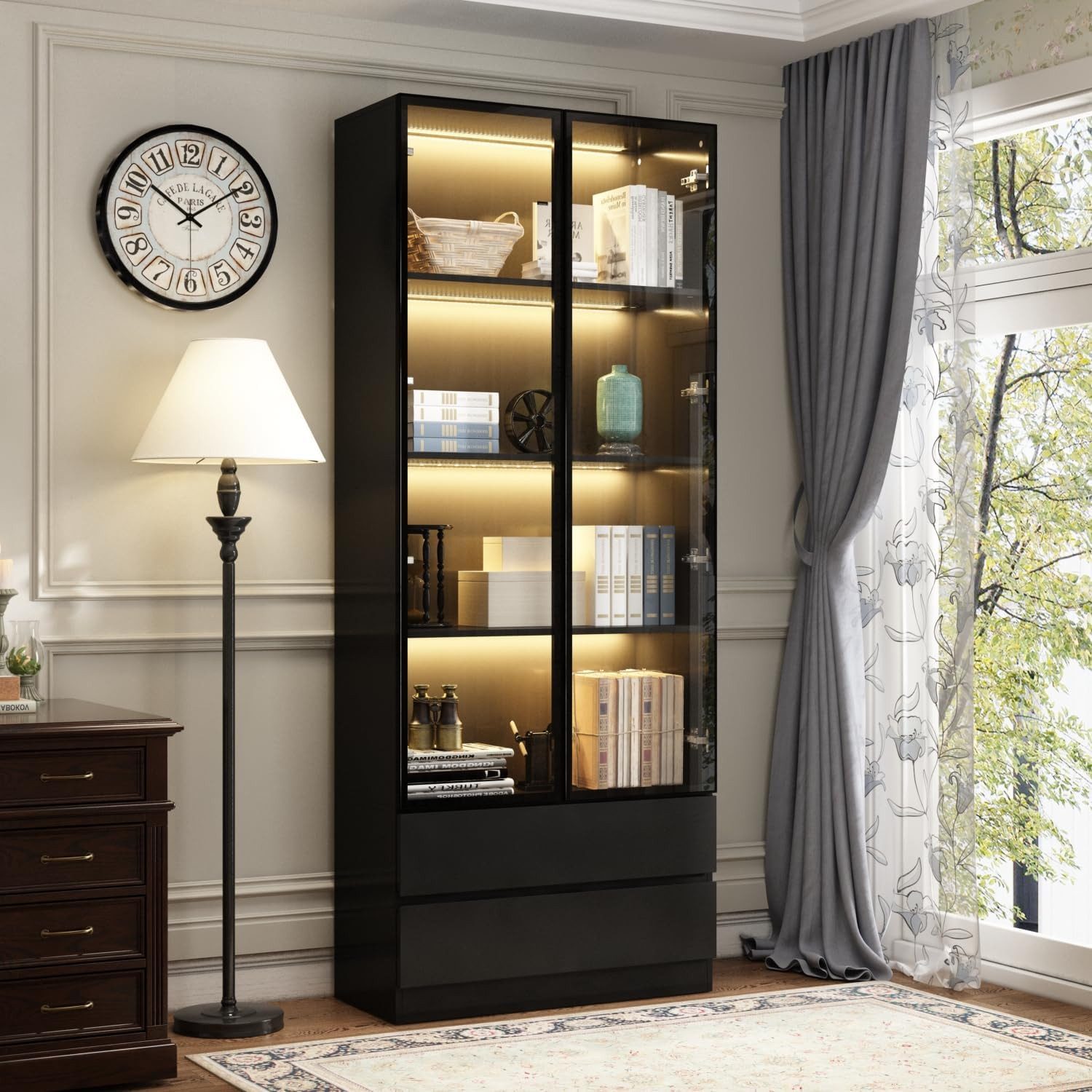 FUFU&GAGA Glasvitrine mit LED 200cm Vitrine Weiss Schwarz/ Weiß Glastueren Schubladen