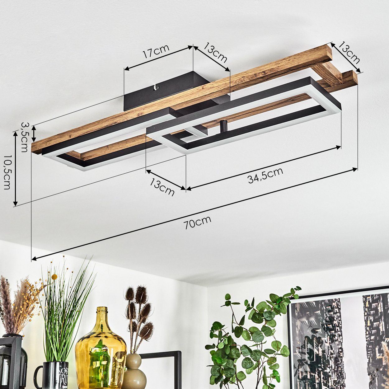 hofstein Deckenleuchte »Spartimento« Deckenlampe aus Metall/Holz in Schwarz/Natur/Weiß, 3000 Kelvin, 850 Lumen, LEDverstellbar, mit Holzrahmen