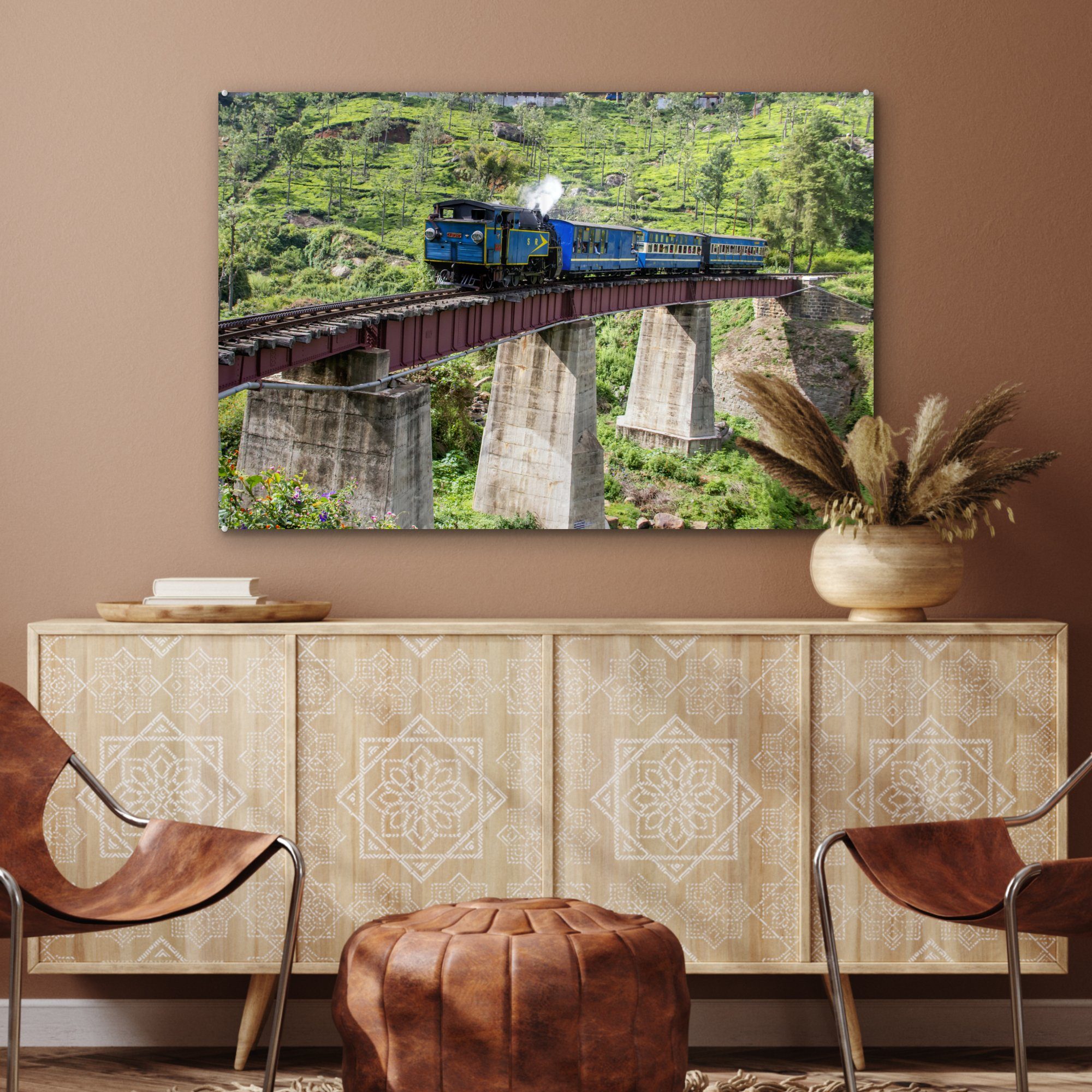 Acrylglasbilder Schlafzimmer Nachmittag, an MuchoWow & sonnigen Ein Eisenbahnstrecke Wohnzimmer einer Dampfzug auf Acrylglasbild (1 einem St),