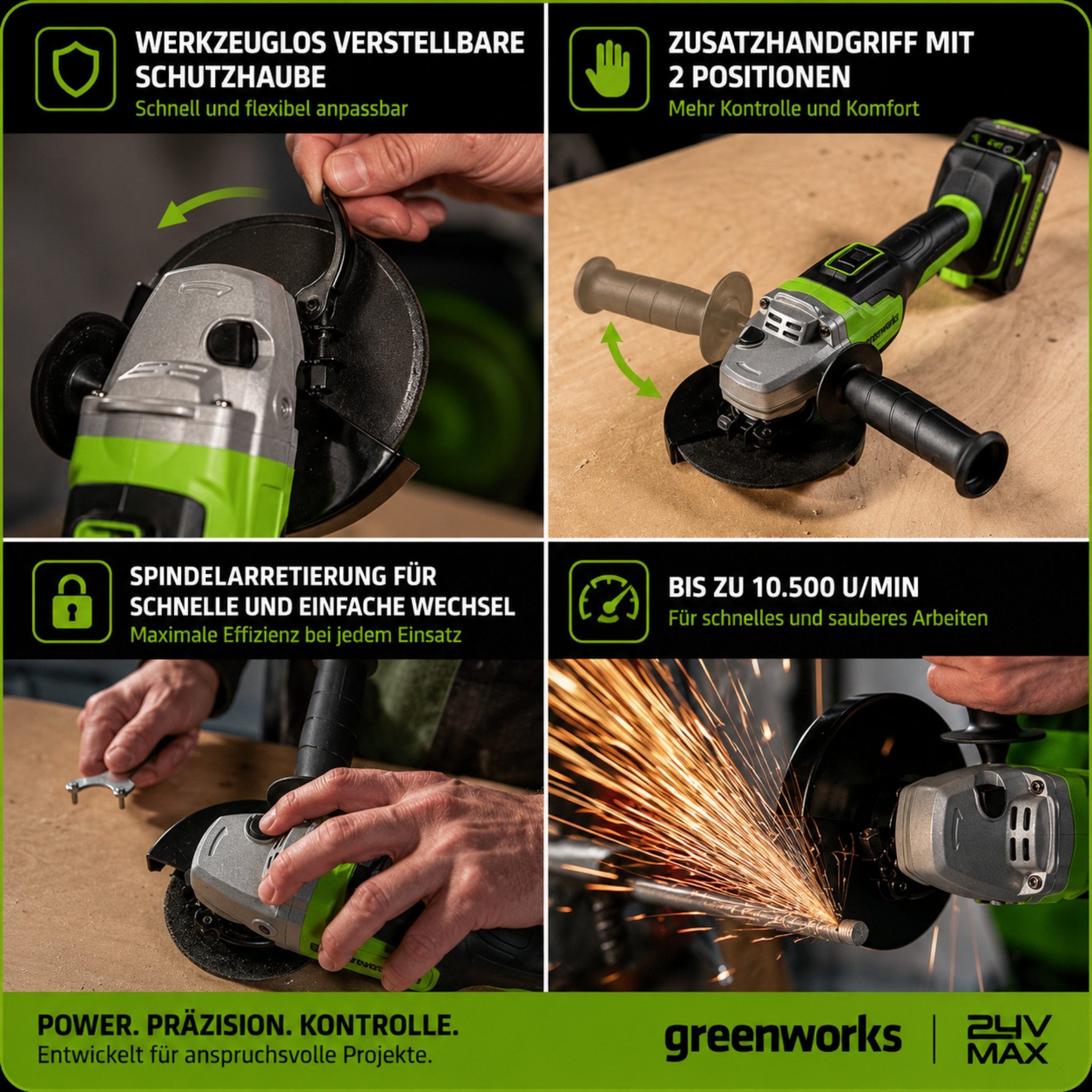 Greenworks Akku-Winkelschleifer Winkelschleifer 24V Brushless 100 mm, mit 10.500 U/min, 4.0Ah Akku, max. 10500 U/min, Winkelschleifer mit Schnellladegerät für Werkstätten Gärten Heimbüros