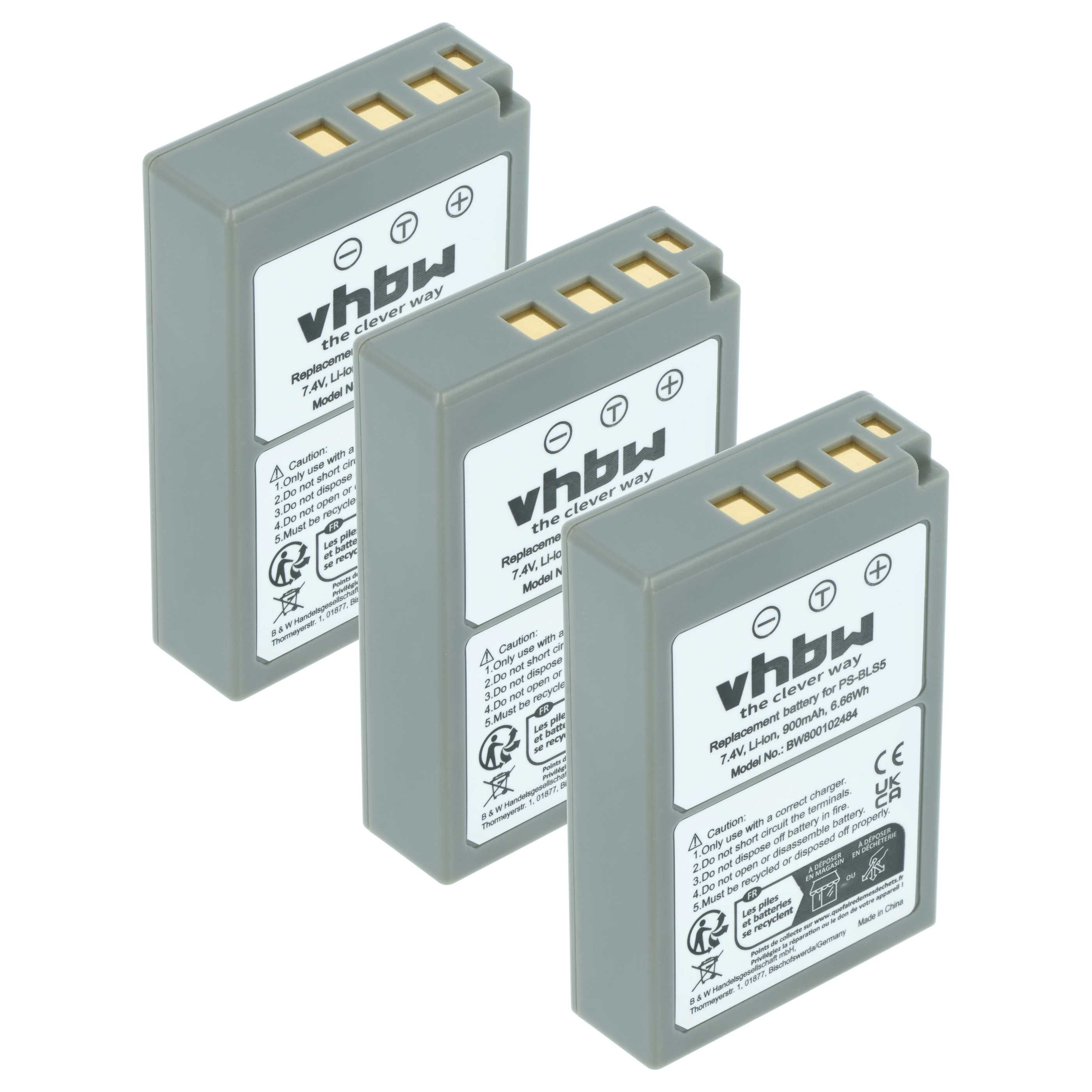 vhbw Akku passend für Olympus Pen E-P7, E-PM2, E-PL5, E-PL2, E-PL7, E-PL8, Kamera-Akku Akku Li-Ion 900 mAh (7,2 V, 3 St), Leistungsfähige Austausch-Akkus für Digitalkamera, Spiegelreflexkamera