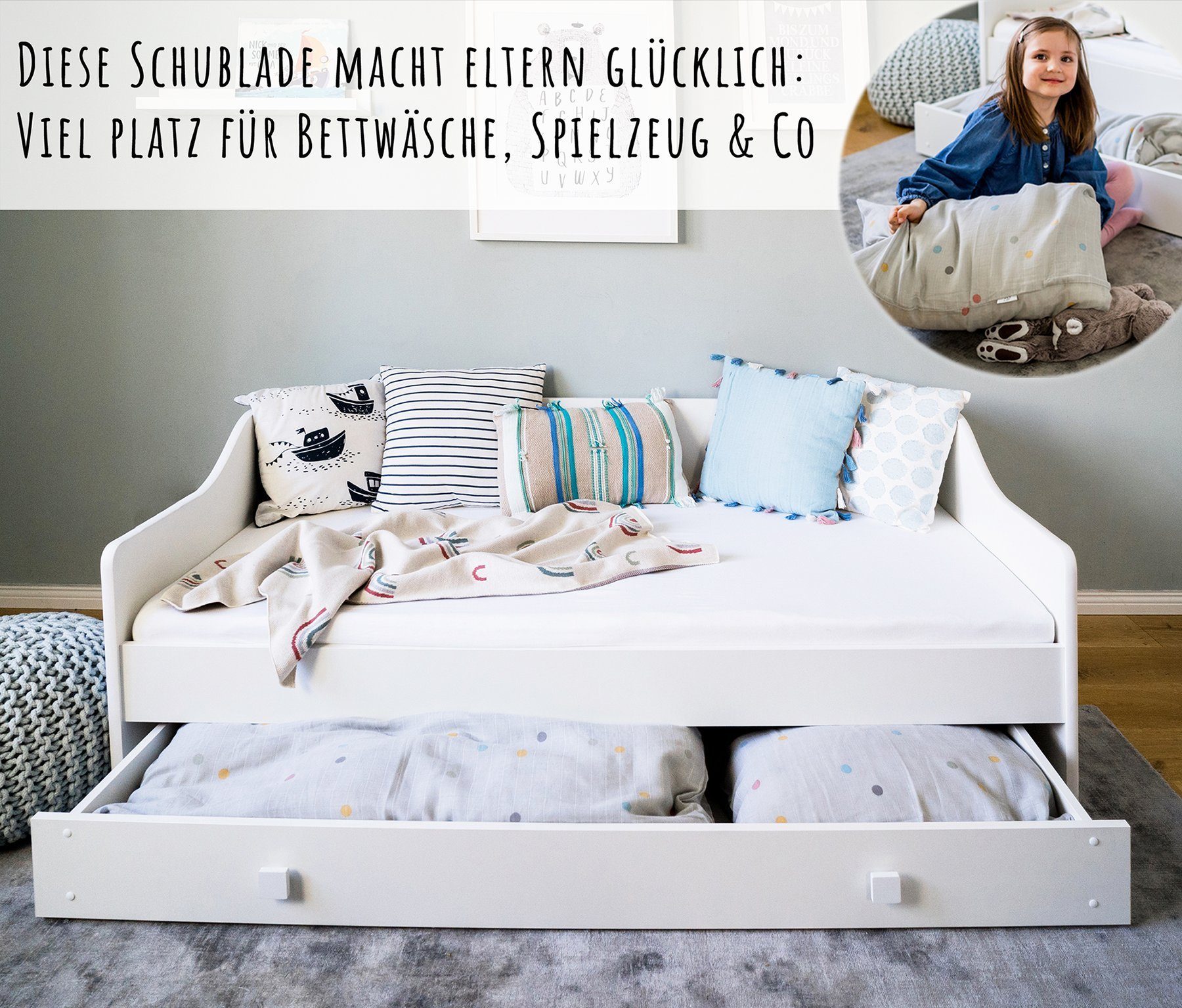 Kids Collective Kinderbett Jugendbett 80x160 80x180 cm mit Matratze, Schublade & Rausfallschutz, Komplettbett, 160 x 80 cm, mit punktelastischer Matratze – Bild 2 von 5