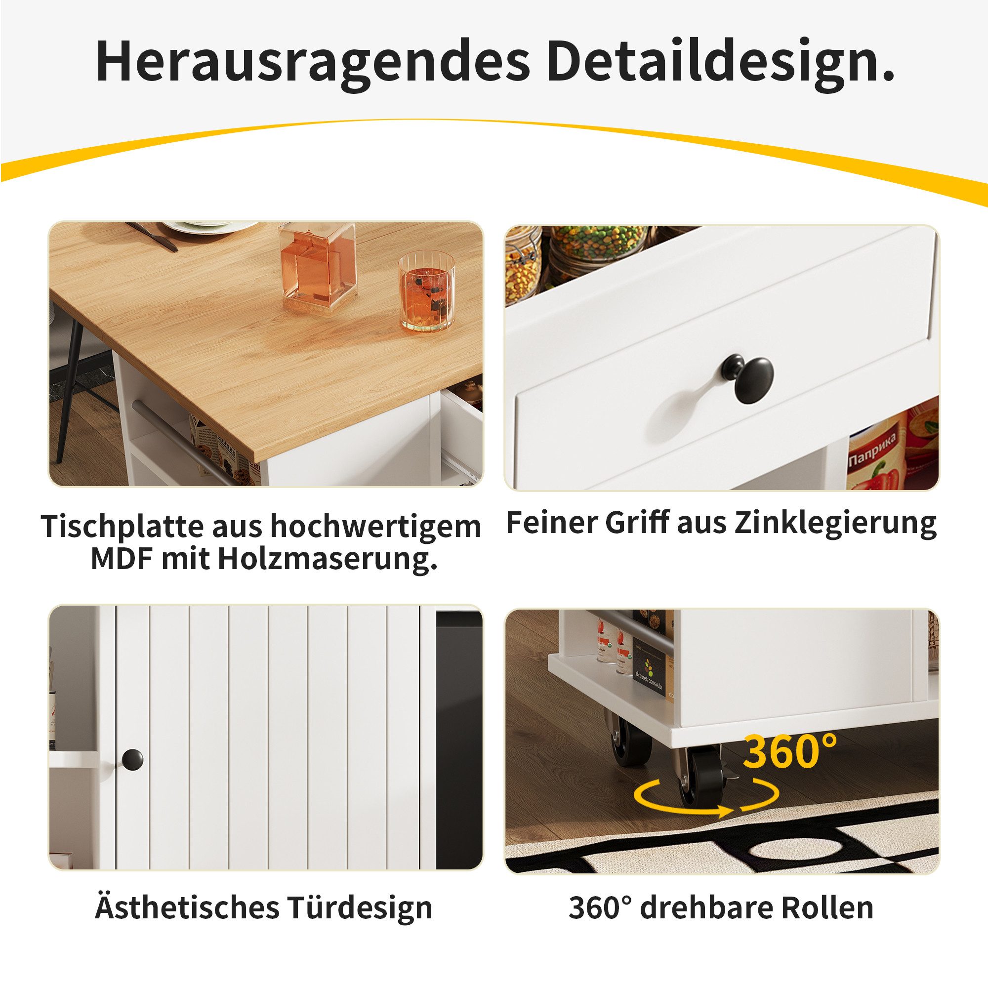 Flieks Küchenwagen mit erweiterbare Arbeitsplatte, Türablagen und Weinglasregal, (1 St), Kücheninsel mit Snackhalter Servierwagen Küchenschrank Rollwagen