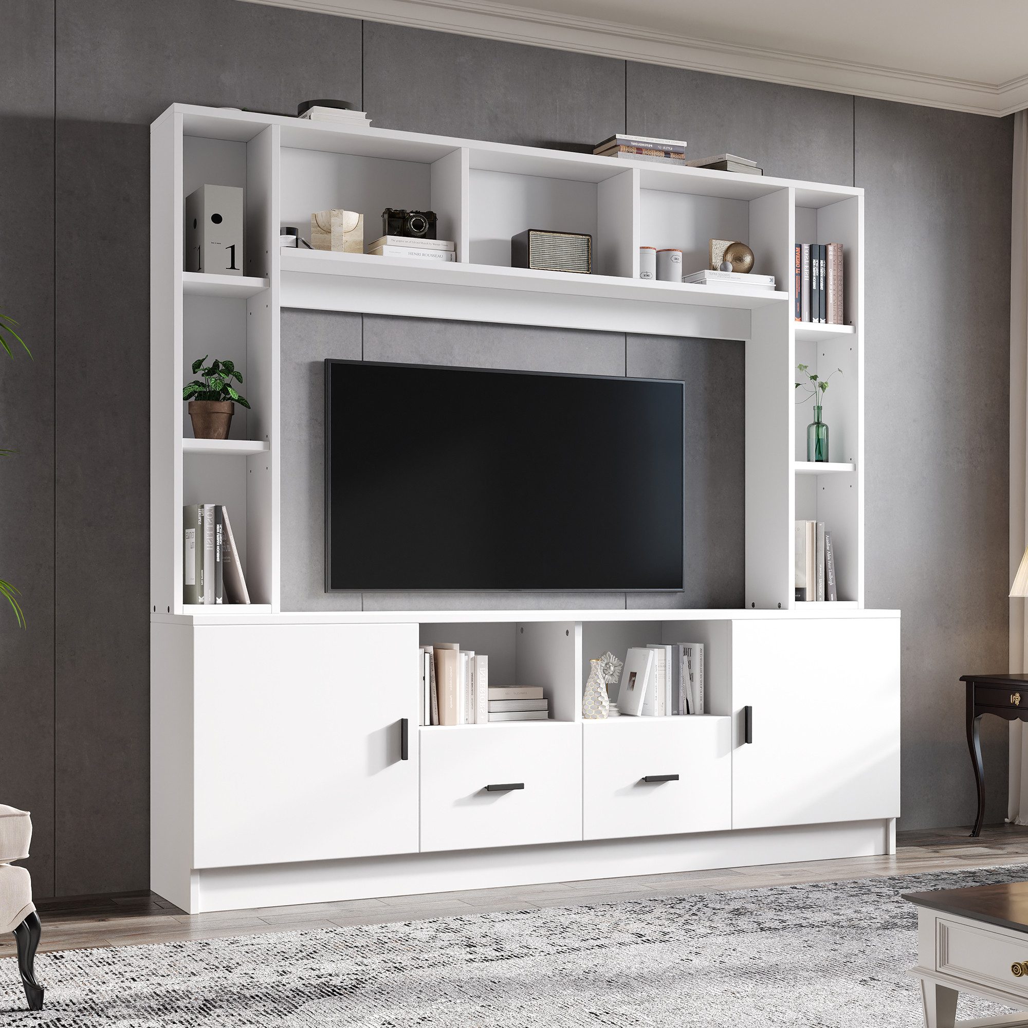 Fine Life Pro TV-Schrank TV Wohnwand‑Set mit 2 Schränke, 2 Schubladen, 11 Staufächer 180×35×170 cm, für Fernseher bis 60 Zoll