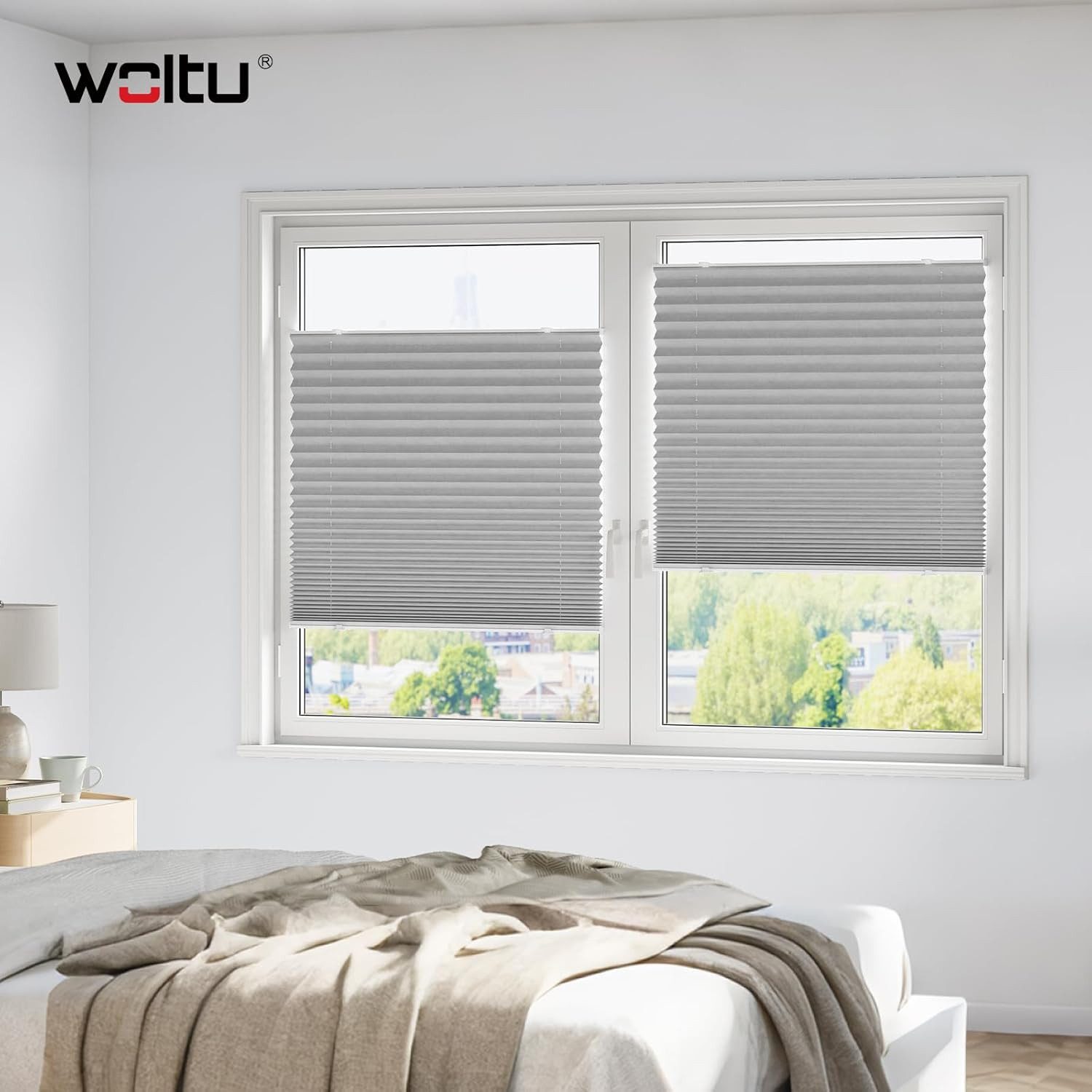 Woltu Plissee, ohne Bohren mit Saugnäpfen, Faltrollo lichtdurchlässig, für Fenster & Tür, Sichtschutz