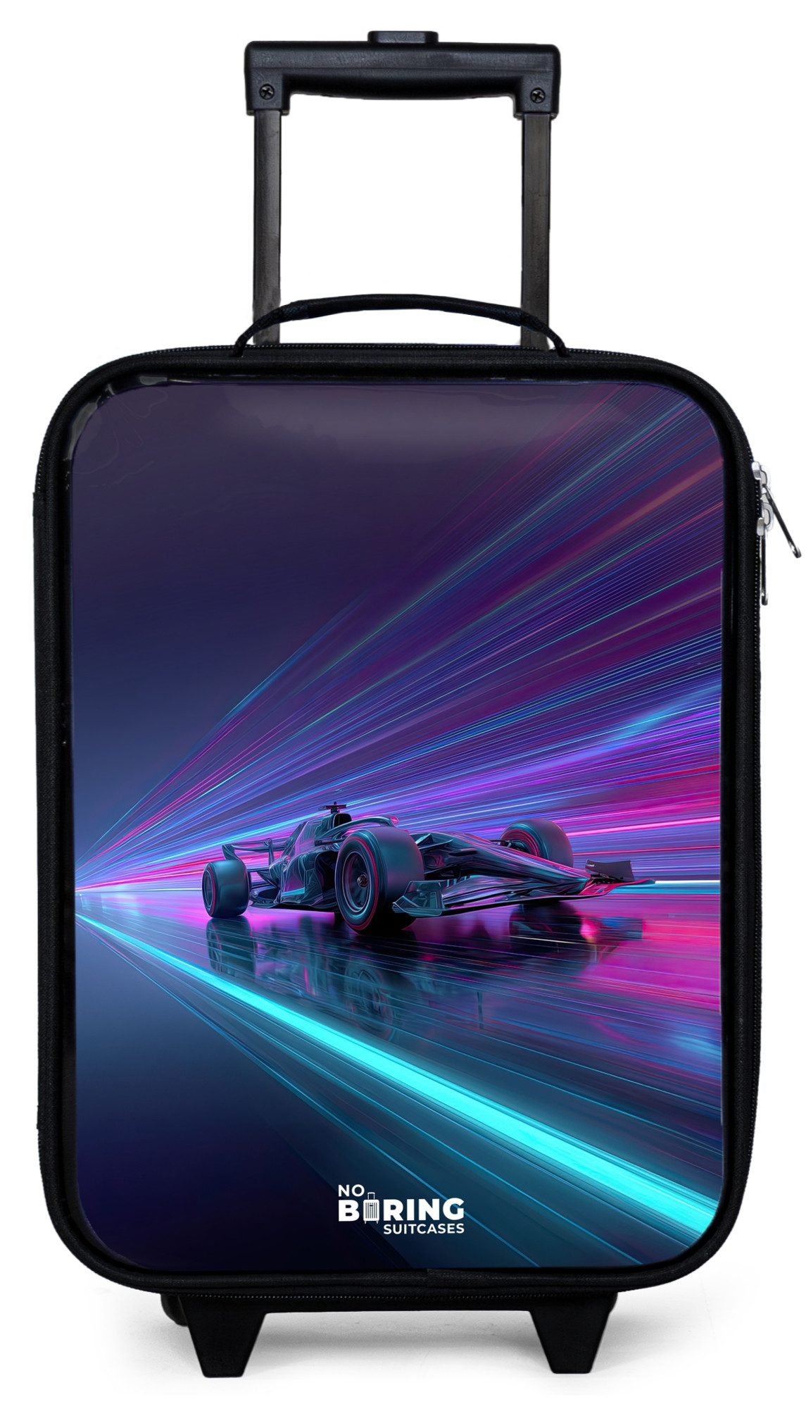 NoBoringSuitcases.com© Kinderkoffer mit leuchtende Räder - Neon - Rennwagen - Leichte Streifen - Lila, 2 Rollen, Kinder Koffer Klein, Trolley Handgepäck, Reisekoffer