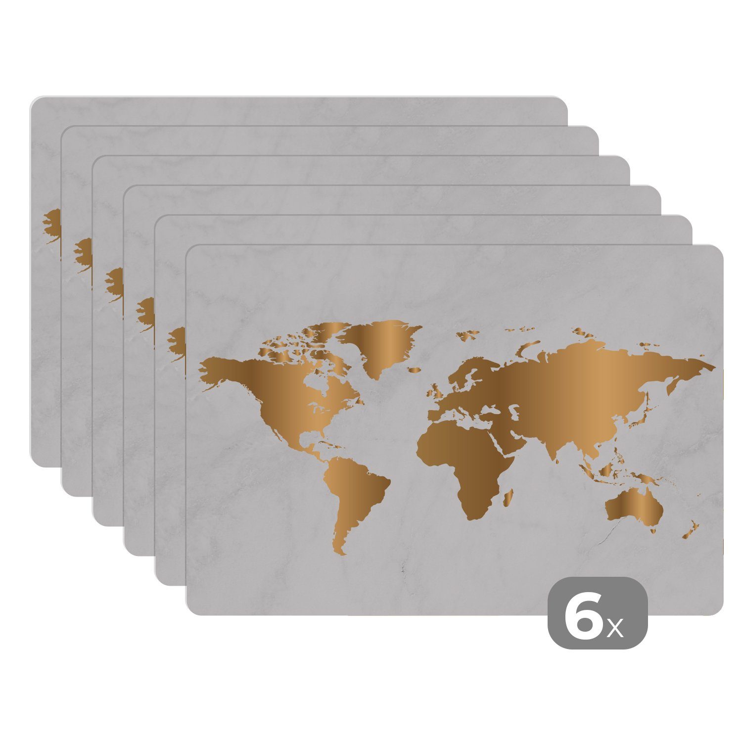 Platzset, Weltkarte - Marmor - Gold, MuchoWow, (6-St), Platzset, Platzdecken, Platzmatte, Tischmatten, Schmutzabweisend | Tischsets