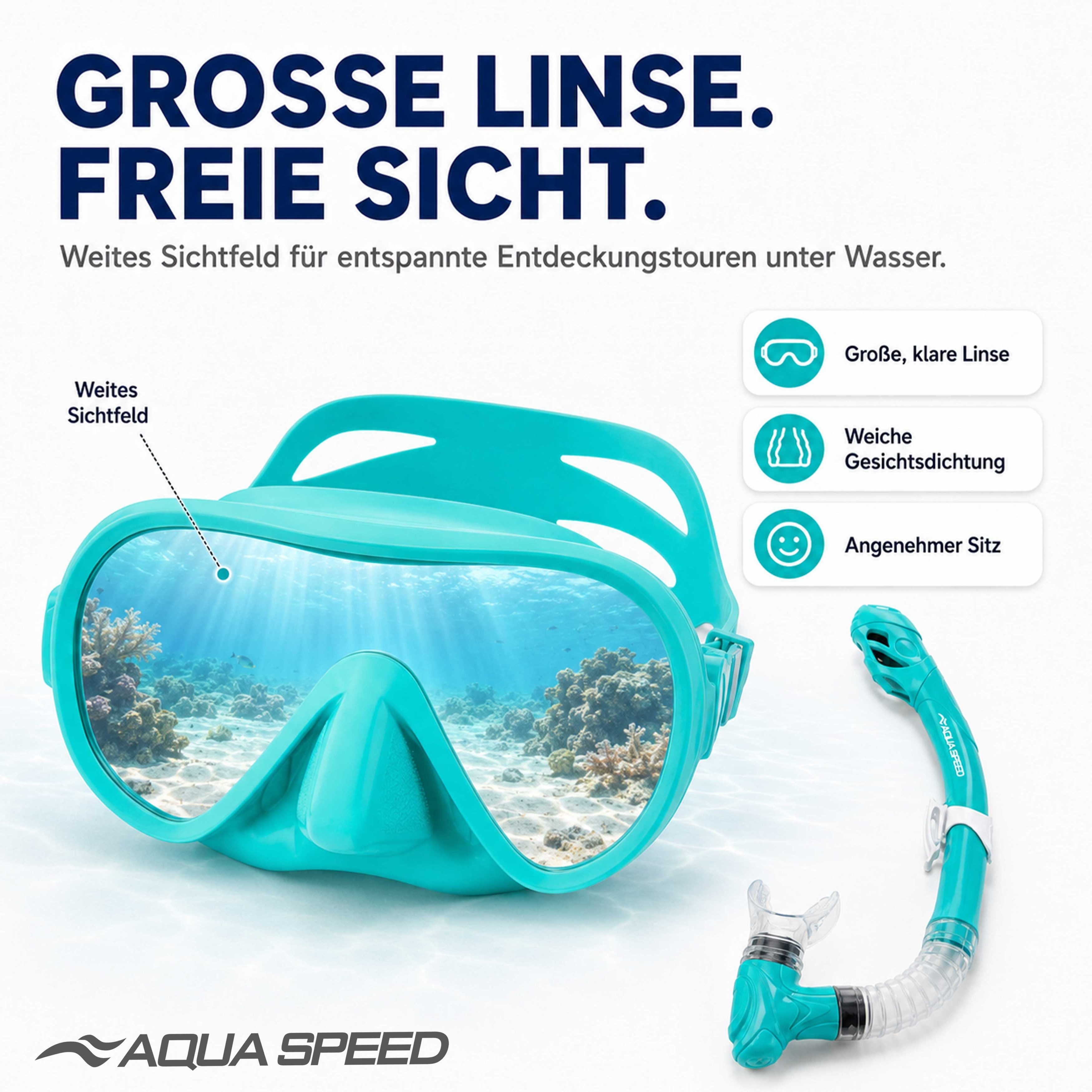 Aqua Speed Schnorchel Carprera & Elba Tauchmaske und Schnorchel Set, Taucher Set (Schwimmmaske mit gehärtetem Glas), Taucherbrille Stoffband Einzellinse – Bild 3 von 5