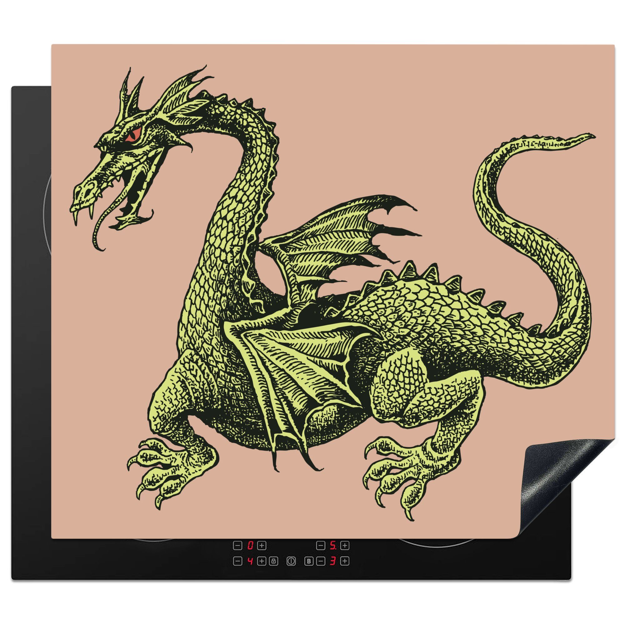 MuchoWow Herdblende-/Abdeckplatte Illustration eines mittelalterlichen Drachens, Vinyl, (1 tlg), 60x52 cm, Mobile Arbeitsfläche nutzbar, Ceranfeldabdeckung