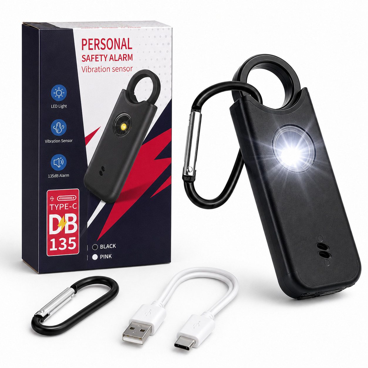 Fyrove Taschenanhänger Taschenalarm für Selbstverteidigung & Sicherheit 135db Alarmanlage (für Frauen, Kinder, Senioren und Outdoor-Aktivitäten) mit Schlüsselanhänger, LED-Stroboskoplicht
