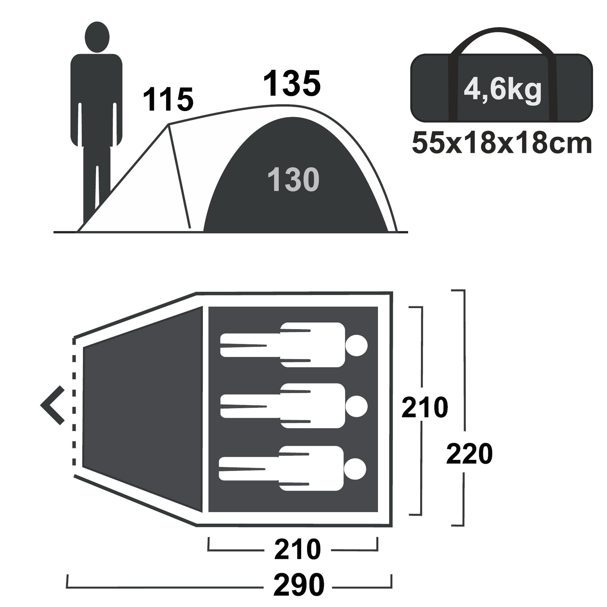 yourGEAR Kuppelzelt yourGEAR Zelt Tivano 3 Personen Kuppelzelt Vorraum wasserdicht 5000 mm, Personen: 3