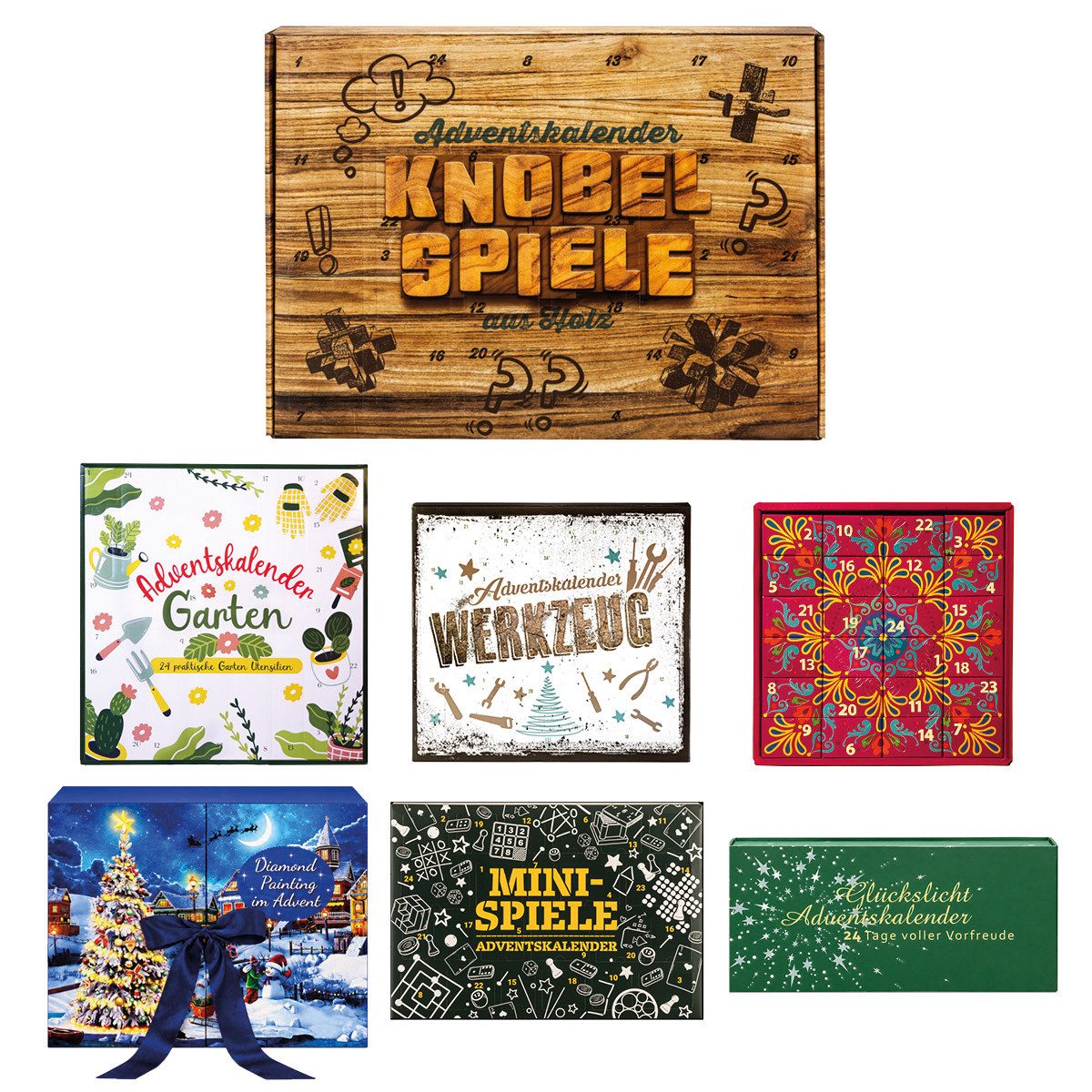 BRAST Adventskalender Knobel & Mini-Spiele Duftkerzen Werkzeug-Set oder Garten-Utensilien (7 Varianten zur Auswahl, 24-tlg), hochwertige Knobelspiele aus Holz für die ganze Familie