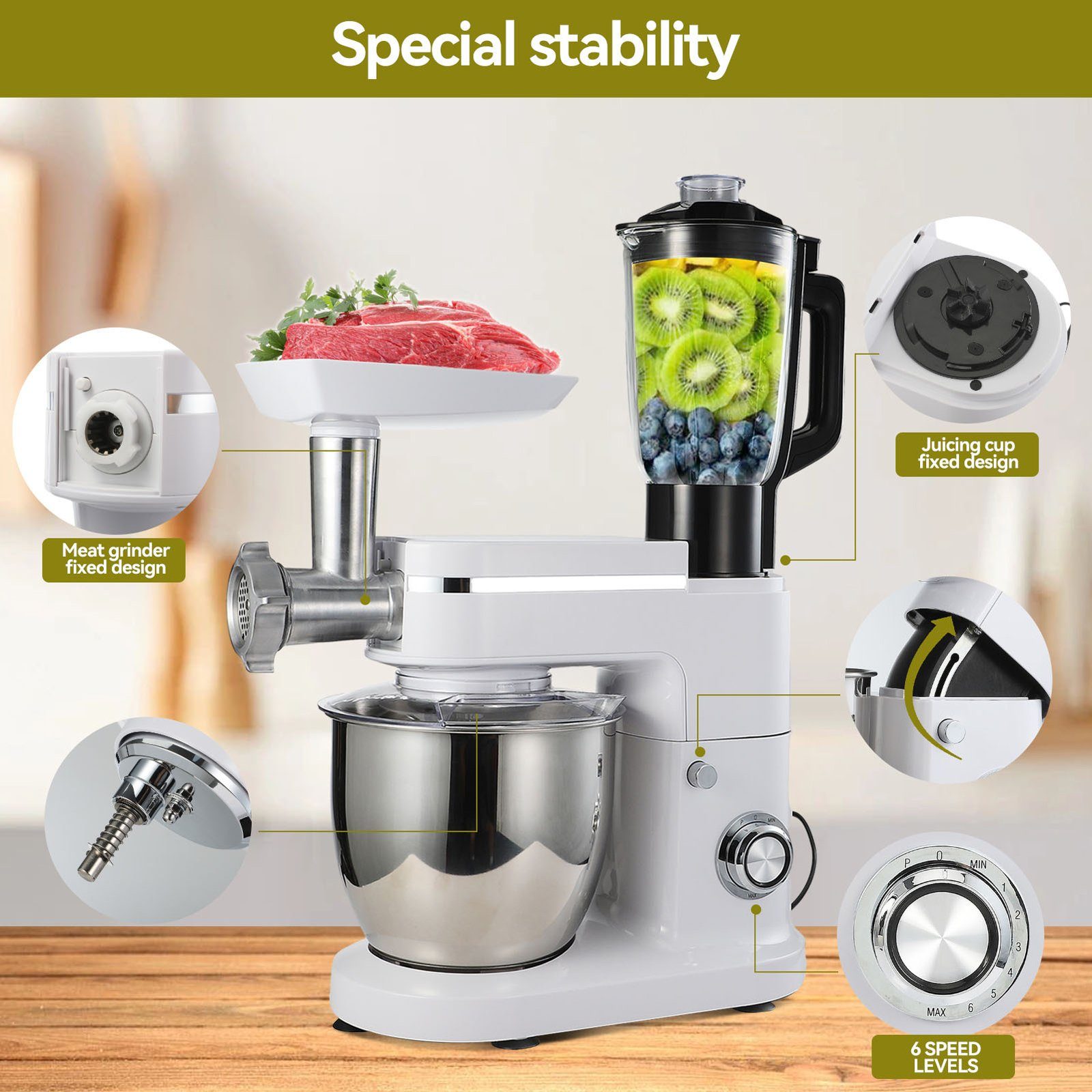 SEEZSSA Küchenmaschine mit Kochfunktion Kocher Grundausstattung LW6912G1 1200W, Mahlwerkaufsatz + Leistung Kunststoff Saftbecher 