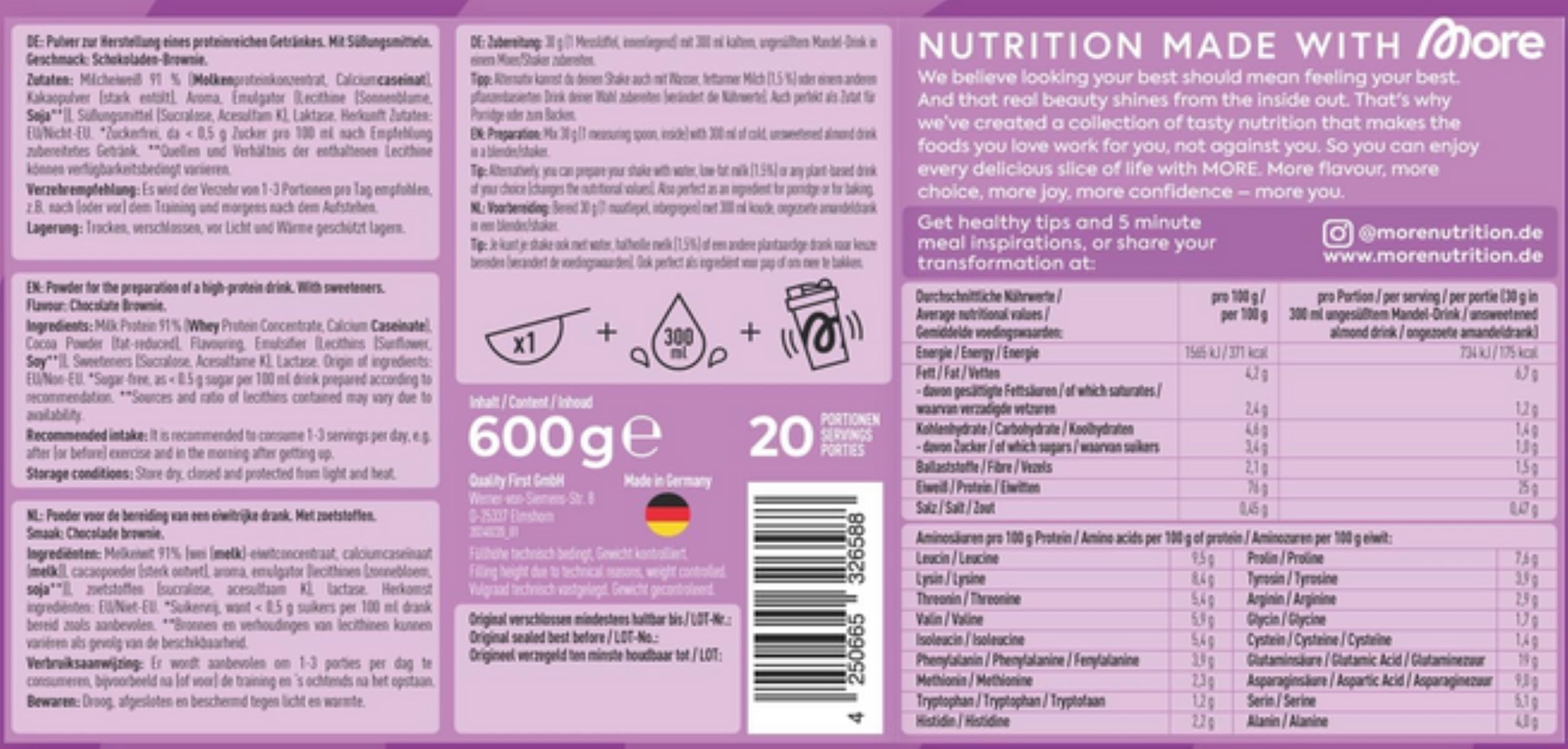 More Nutrition More Nutrition Protein, 600g Dose Pulver, Der ausgewogene Mix aus Whey und Casein