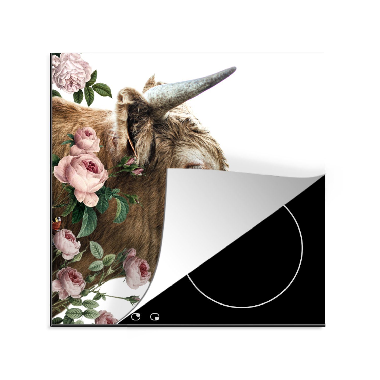 MuchoWow Herdblende-/Abdeckplatte Schottischer Highlander - Schottische Kuh - Blumen, Vinyl, (1 tlg), 78x78 cm, Ceranfeldabdeckung, Arbeitsplatte für küche