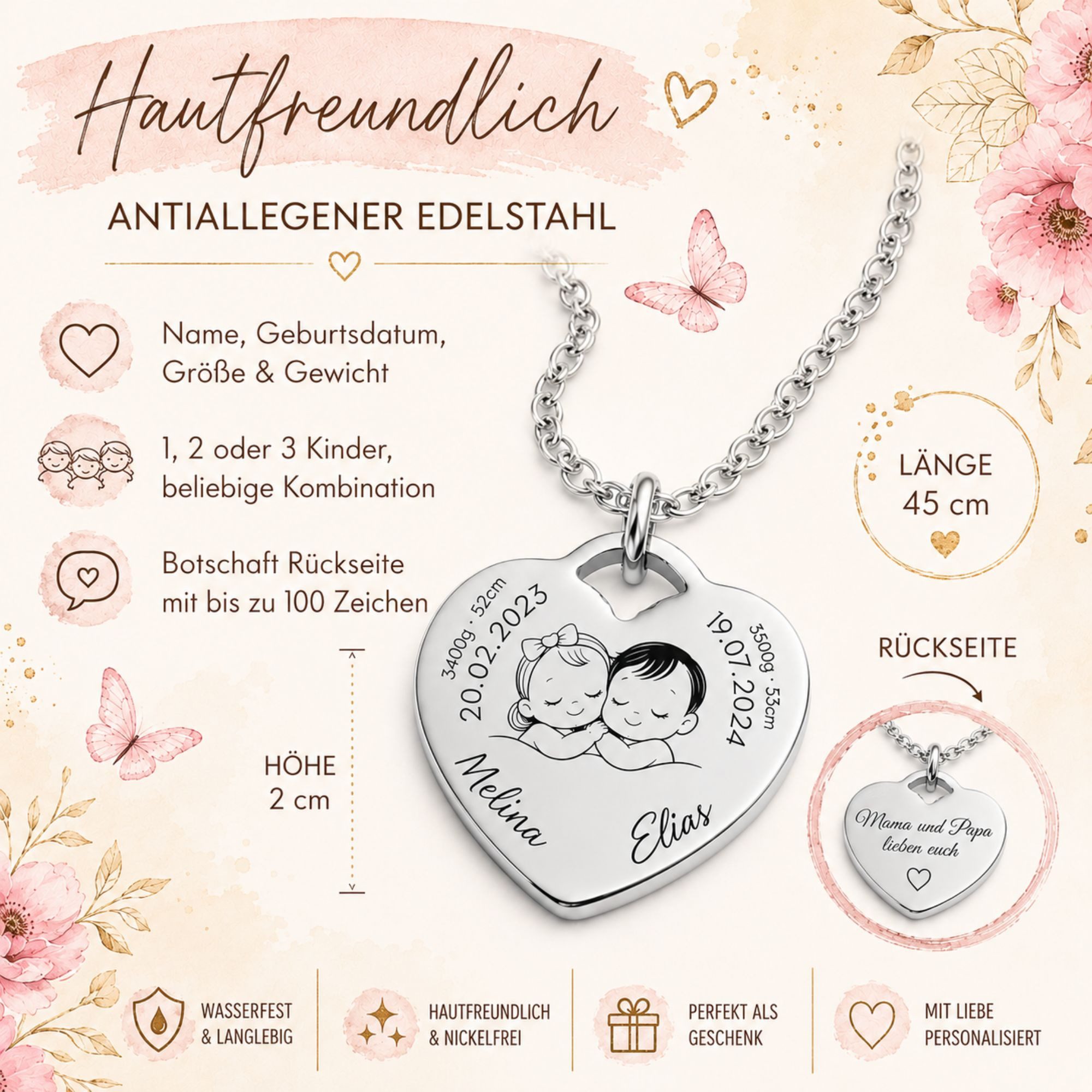 BS Schmuckdesign Kette mit Anhänger mit Gravur Personalisierte Halskette Geburtskette Herzkette Mutter-Kind (inkl. Gravur), personalisierbar inkl. Geschenkbox