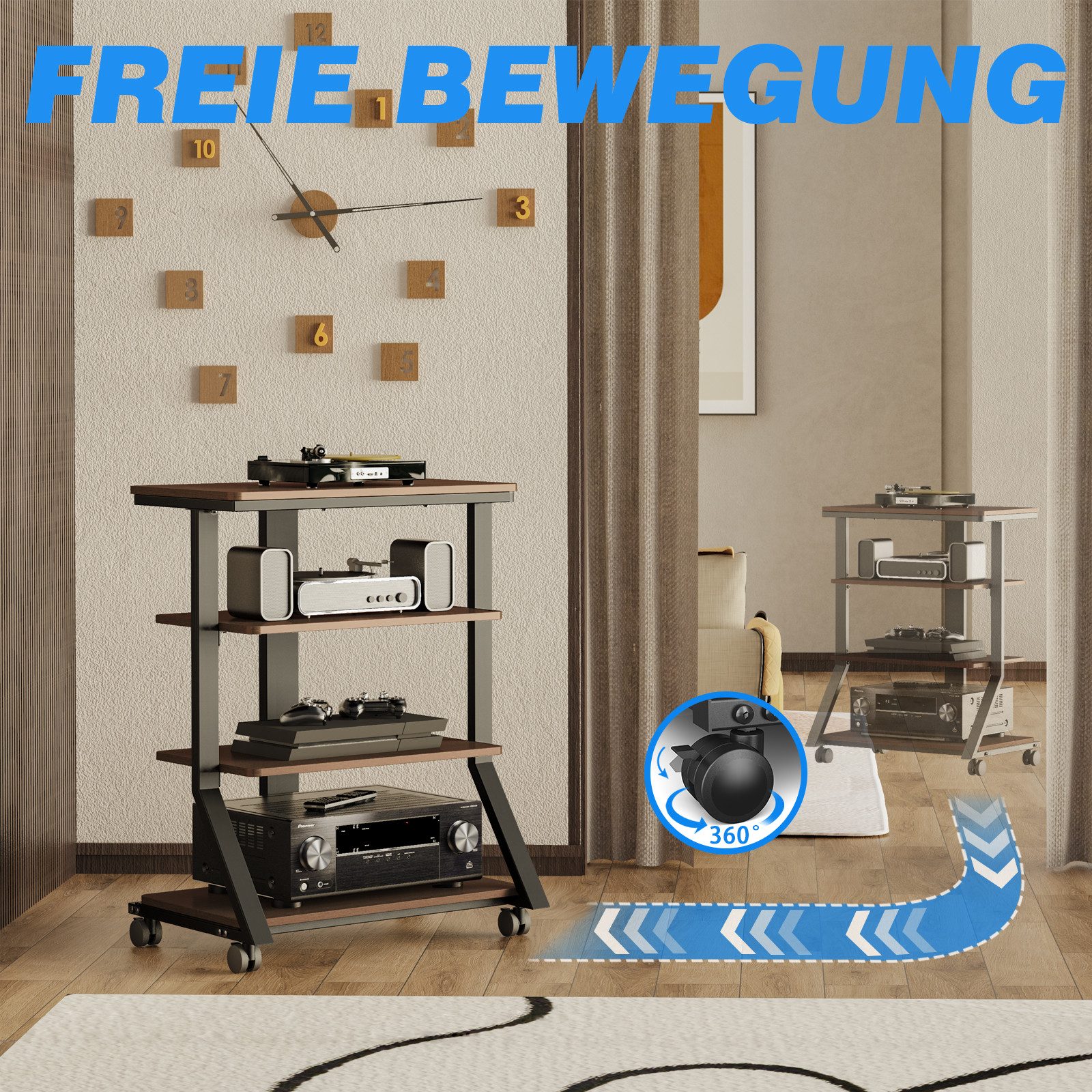 5Rcom TV-Ständer 4-stufiges Hi-Fi-Audio-Rack und -Ständer, Audio-Ständer, AV-Ständer, (1-tlg., mobiler Ständer mit schwenkbaren Rollen und 54 kg Tragkraft) – Bild 5 von 5