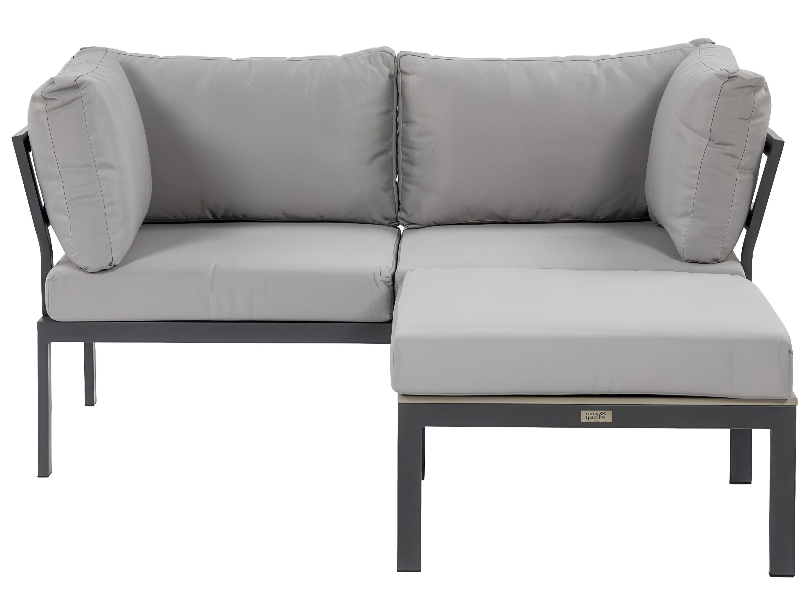 Beautysofa Gartenlounge-Set SANTORINI Hellgrau, modulares Ecksofa mit Couchtisch, (verzinkter Stahl pulverbeschichtet, 7 Kissen, 2-tlg., Sofa + quadratischer Tisch), skandinavischer Stil, kompakte Outdoor Lounge für Garten