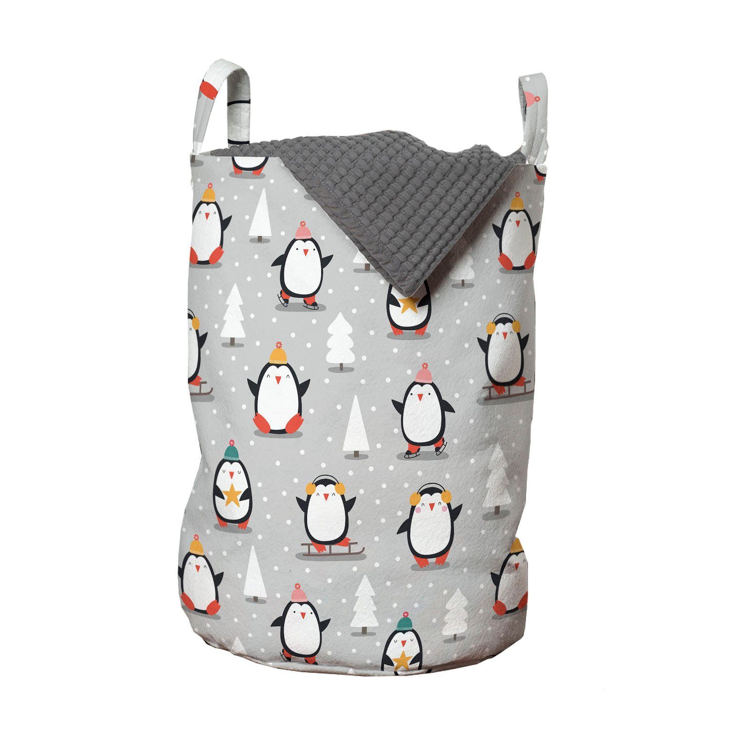Abakuhaus Wäschesäckchen Wäschekorb mit Griffen Kordelzugverschluss für Waschsalons, Winter Pinguin auf Schnee-Muster