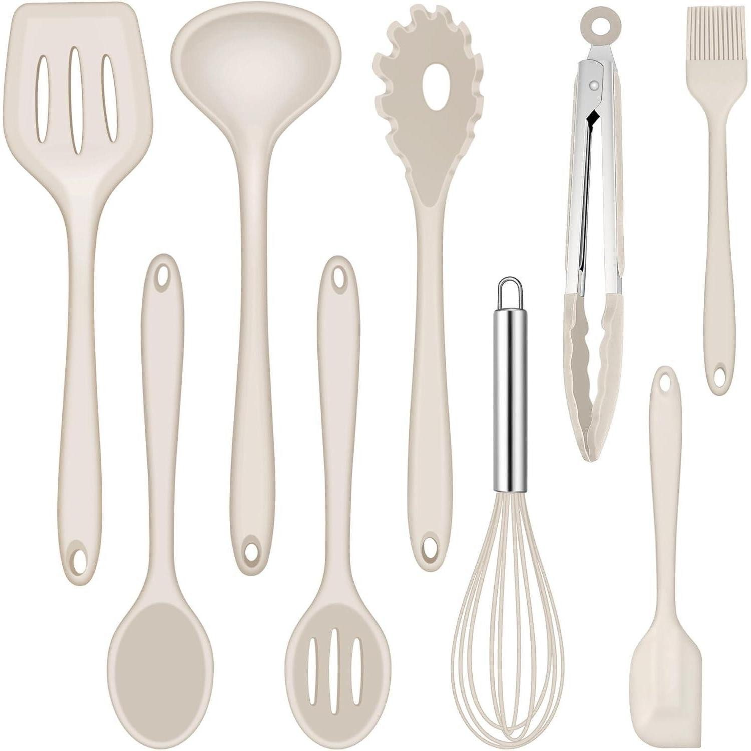 LuxusKollektion Kochbesteck-Set Küchenhelfer 9 Stück Silikon Pfannenwender Schneebesen Khaki