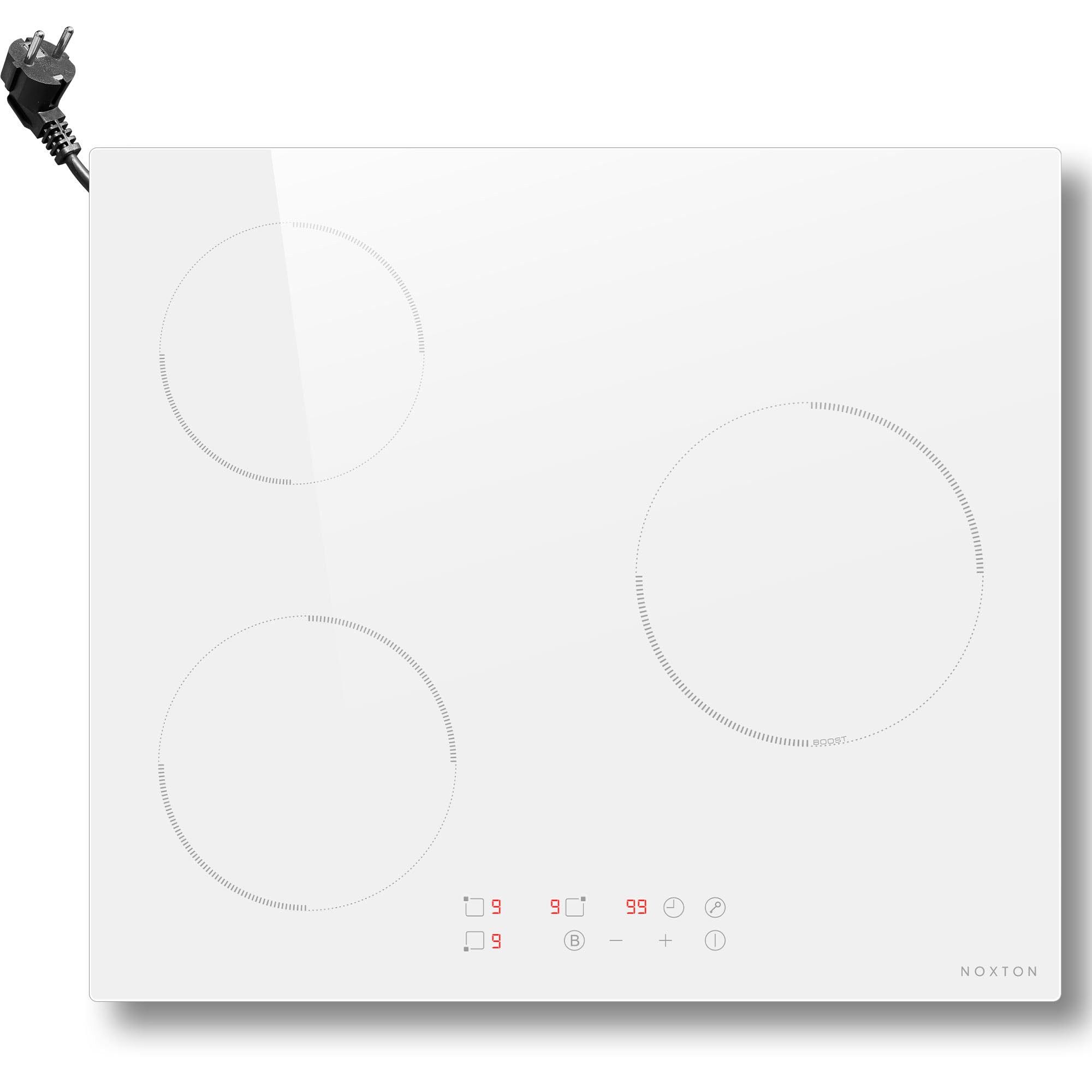 NOXTON Induktions-Kochfeld Induktionskochfeld 3 Platten Weiss, Kochfeld Einbau 59CM, Boost, Sicherheitssperre, 99-Minuten-Timer, 16A, 220-240V