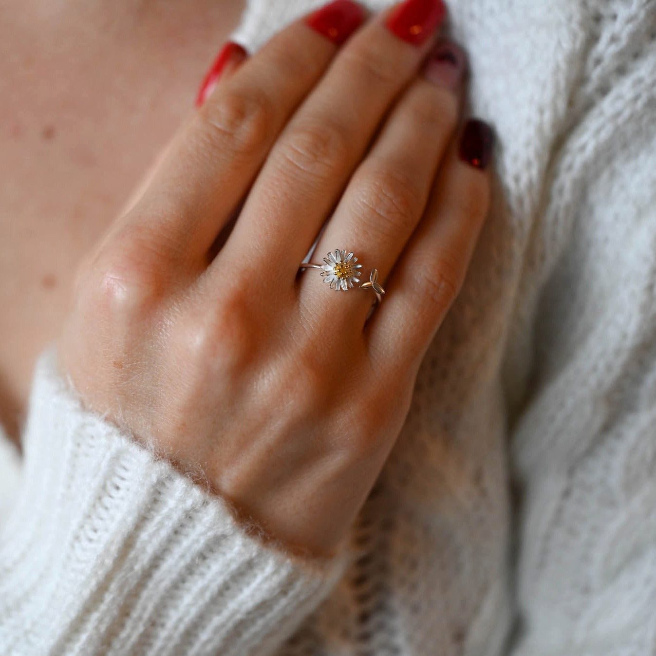 Runde Perlé Fingerring Offener Ring Gänseblümchen und Blatt, 925er Silber, günstig online kaufen