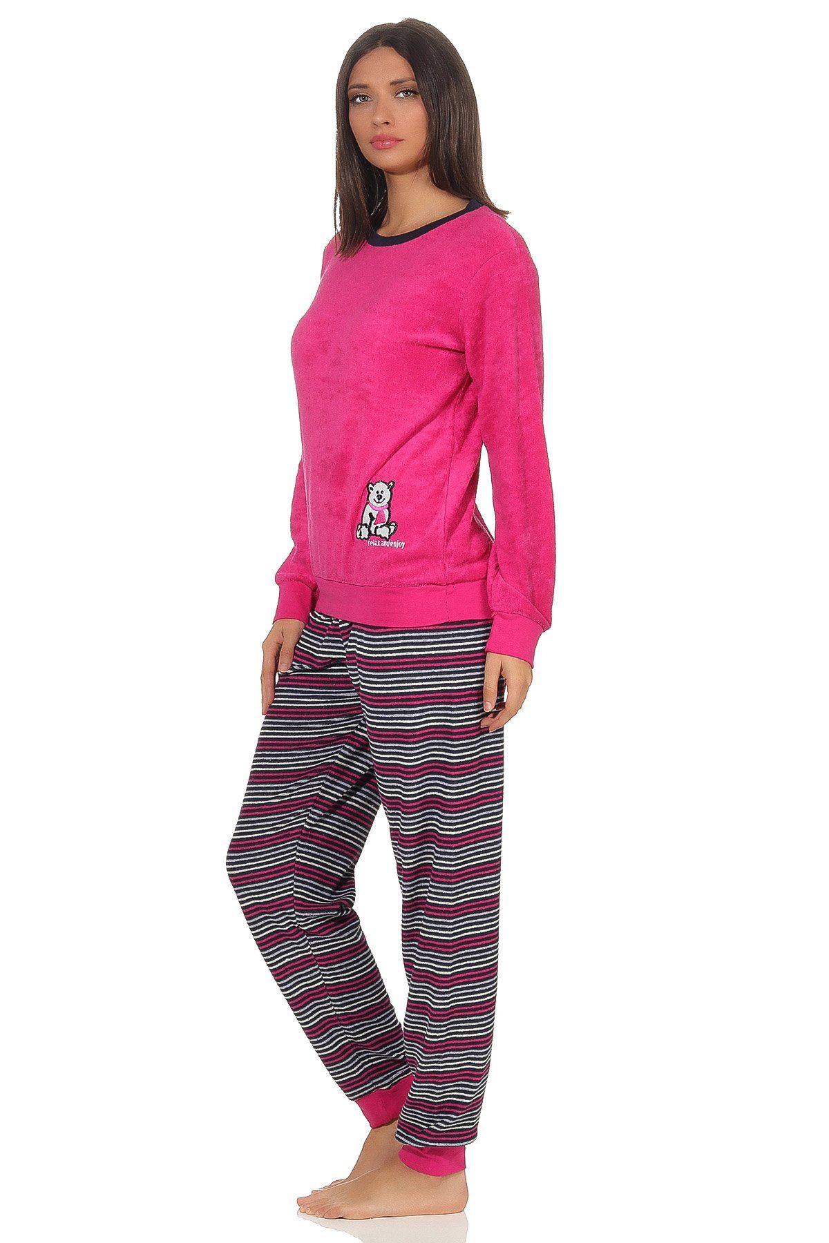 Bündchen Schlafanzug Normann Pyjama süsser Frottee Damen mit Bär-Applikation und pink