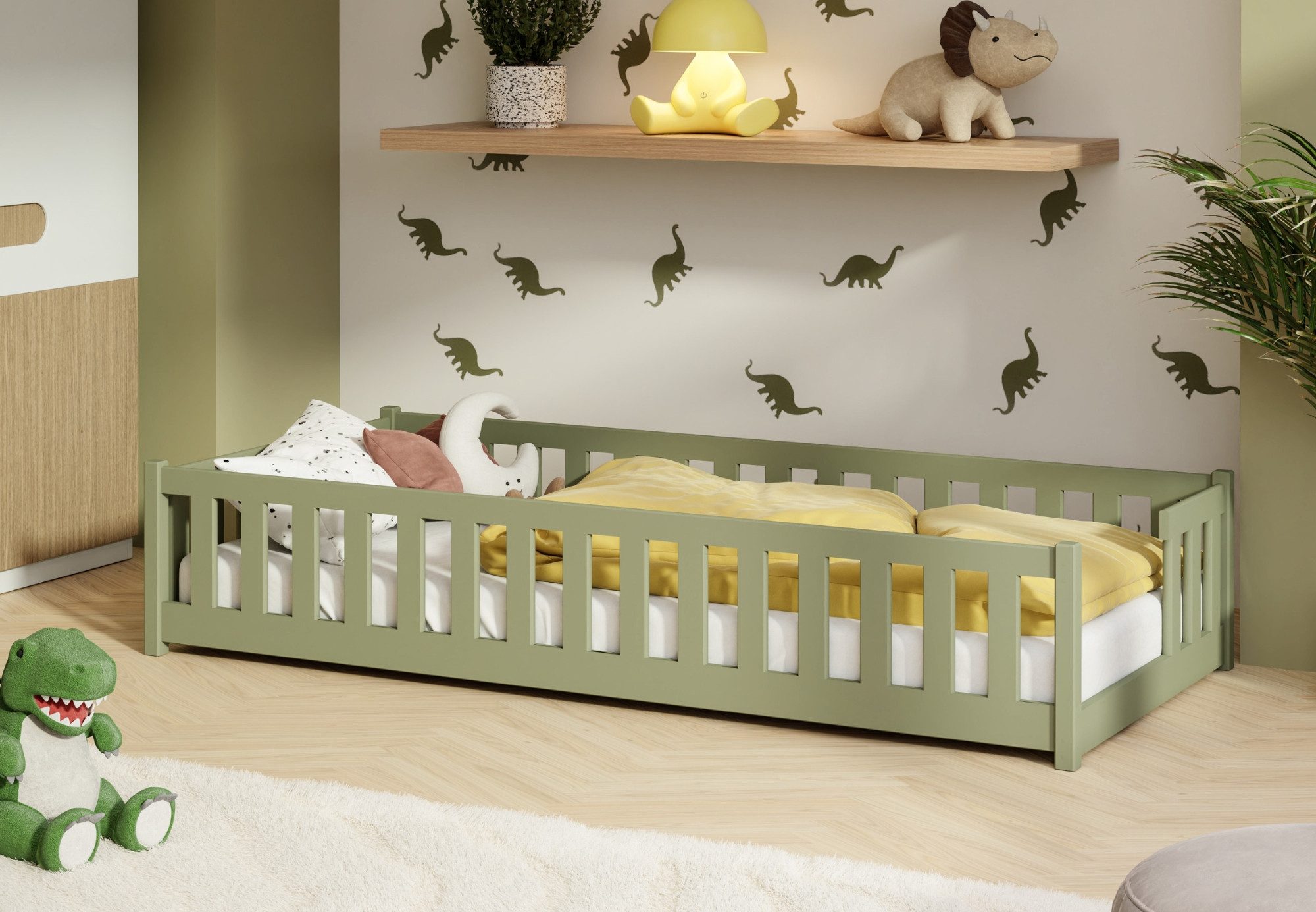 Kids Collective Kinderbett Bodenbett mit Rausfallschutz & Lattenrost Montessori Betten Kinder (Verfügbare Größen: 80 x 160, 80 x 180, 90 x 190, 90 x 200, 120 x 200, 140 x 200 cm), Jugendbett Einzelbett Kiefer Olivgrün 90x200 cm