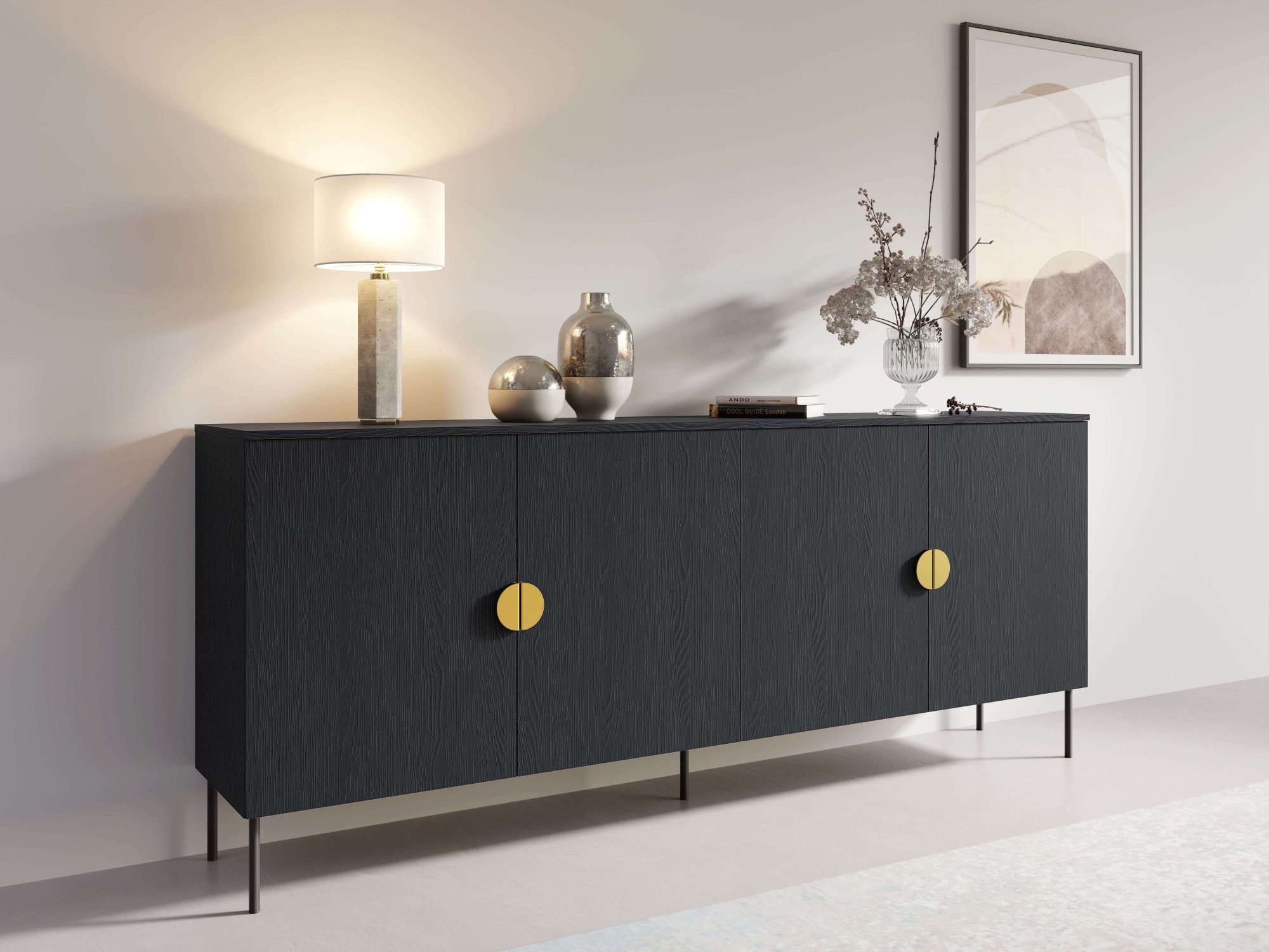 Home affaire Kommode BELLOT Sideboard mit 4 Fächer, 4 Türen, B/T/H: 213/40/87,6 cm, Schubkastenkommode mit Metallgriffen und viel Stauraum