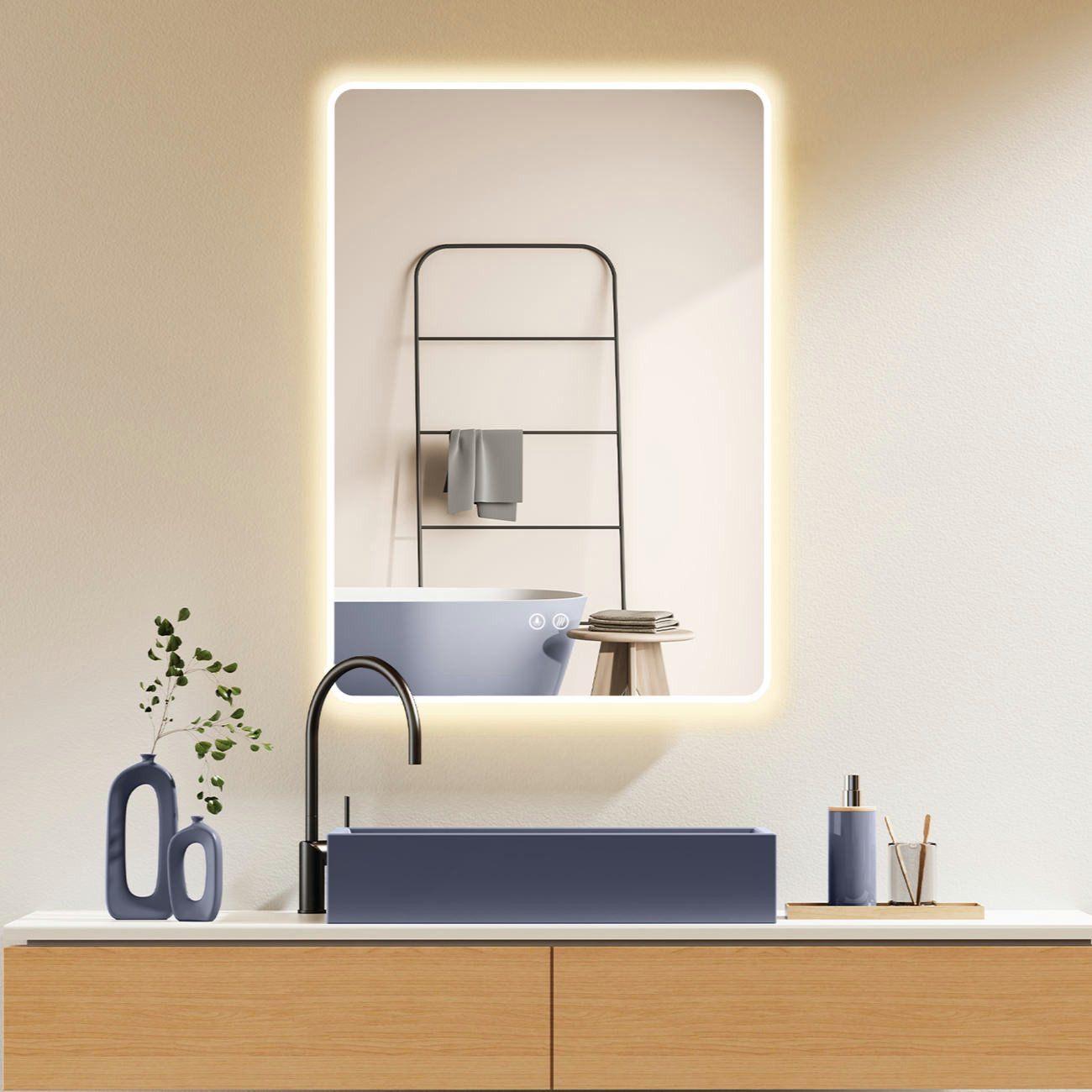 HOKO Badspiegel Antibeschlag LED 50x70 / 60x80 / 70x100 cm mit Metallrahmen (HOCH+QUER Montage. Touch Schalter+Licht Wechsel 2700-6500K, Warmweiß-Kaltweiß-Neutral. Licht mit Touch Schalter und mit Wandschalter einschaltbar, Memory-Funktion. IP44, 5mm HD G