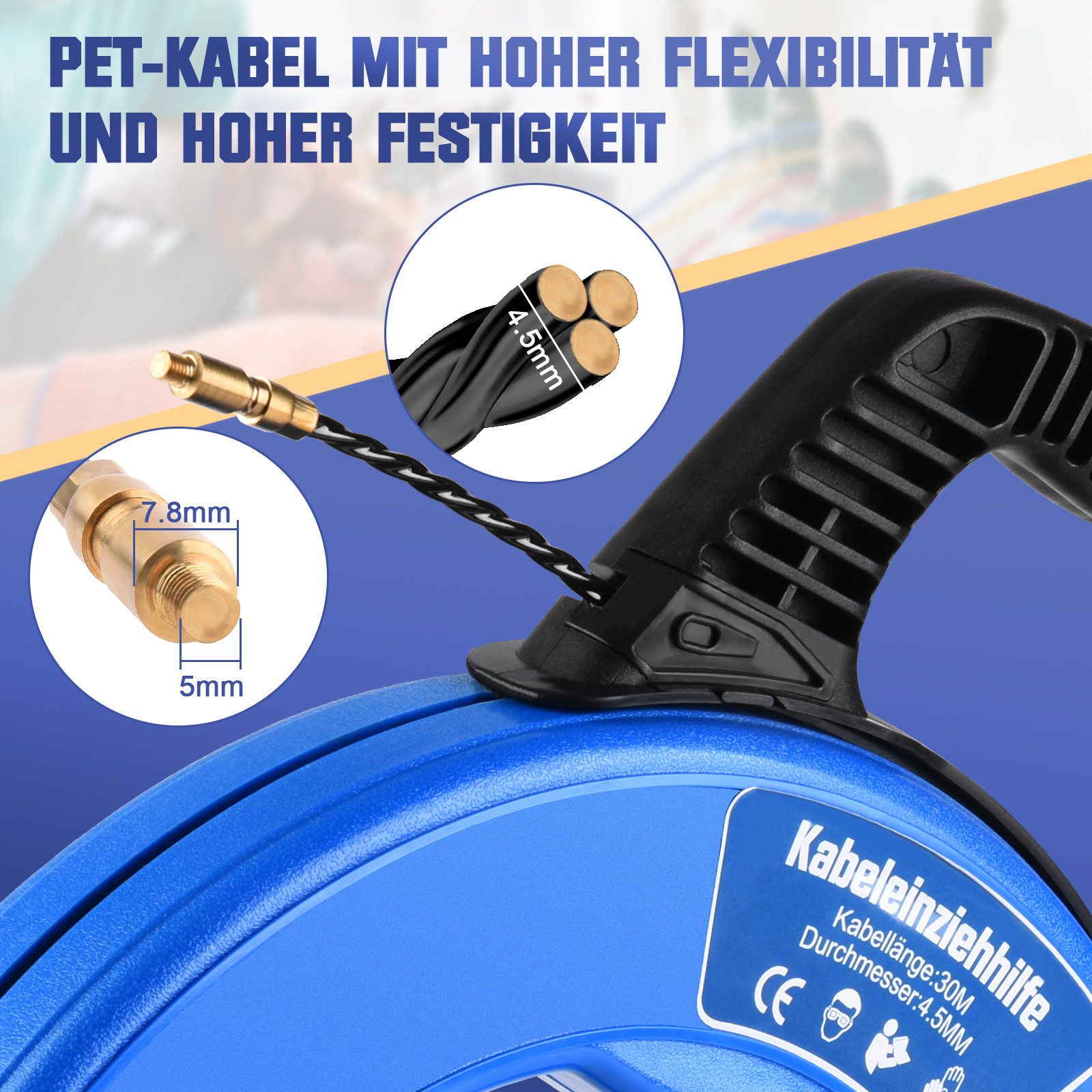 XERSEK Kabelführung Kabeleinziehhilfe 4,5mm Einziehspirale inkl. 7 Adapter Einziehhilfe (Einziehfeder Kabelzieher für Leerrohre), Zugdraht, Kabel & Elektroinsta – Bild 2 von 5