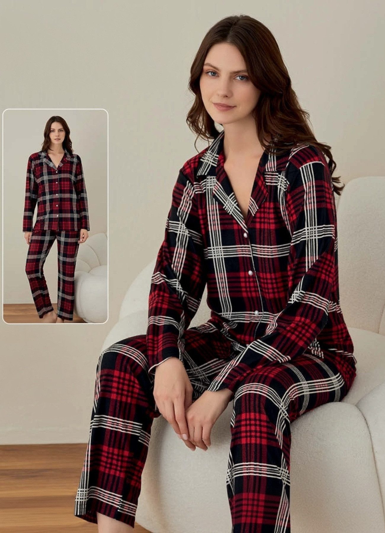 fashionshowcase Pyjama Damen Schlafanzug aus 100% Baumwolle – Karomuster in 3 Varianten (Zweiteilig) Weiches, warmes Material