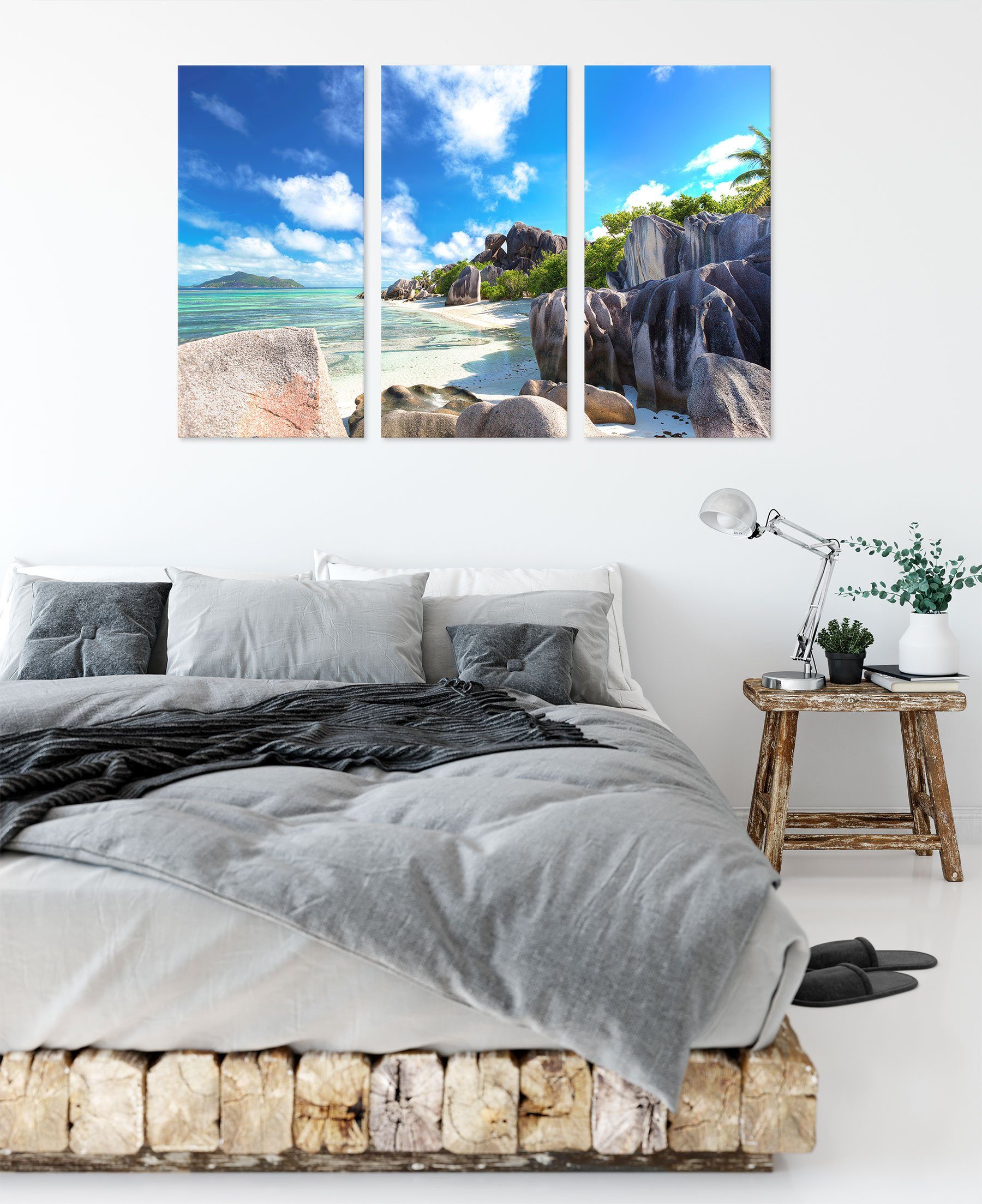 3Teiler Leinwandbild (1 Seychellen St), Strand Zackenaufhänger Seychellen Leinwandbild Strand, inkl. (120x80cm) Pixxprint bespannt, fertig