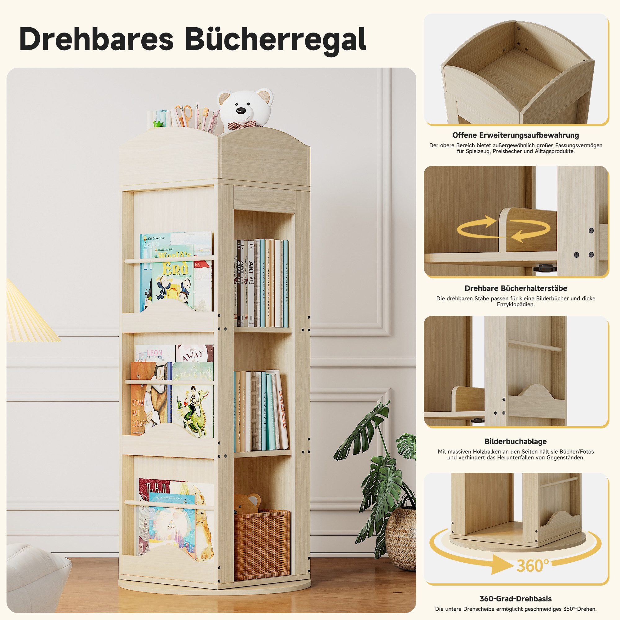 Yorbay Kinderregal Bücherregal 4 Ebenen, 360 Grad drehbar 30 kg je Ebene mit Seitenfächern