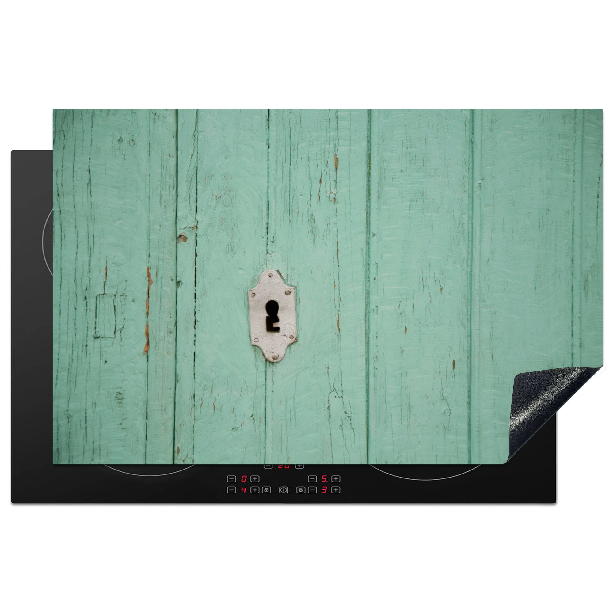 Herdblende-/Abdeckplatte die Induktionskochfeld MuchoWow auf blau-grüner (1 für cm, Tür, 81x52 küche, Schlüsselloch Vinyl, Schutz Ceranfeldabdeckung tlg),