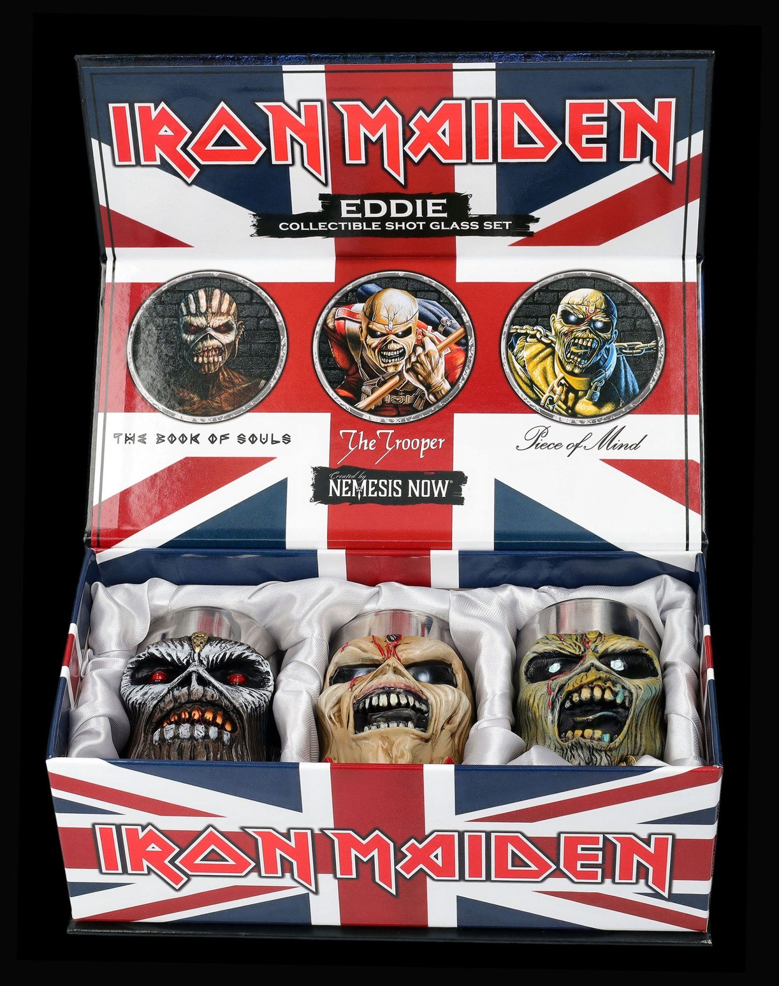 Figuren Shop GmbH Schnapsglas Schnapsbecher Iron Maiden - Eddie 3er Set - Shot Glas Merchandise Deko, Kunststein (Polyresin), Edelstahl