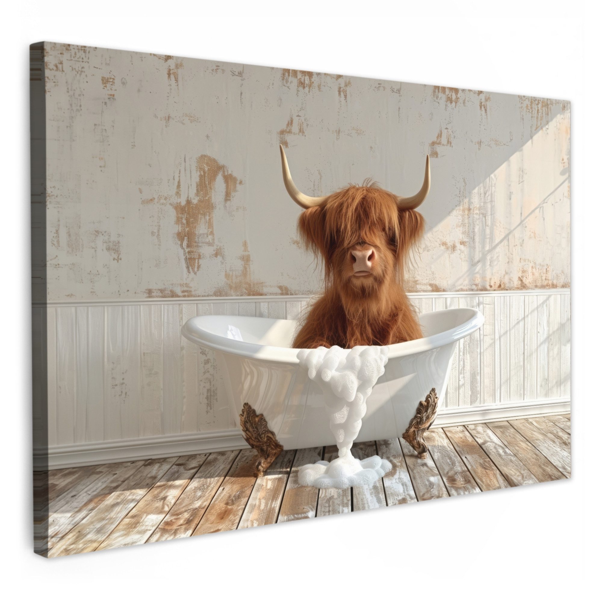OneMillionCanvasses® Leinwandbild Schottischer Highlander - Badewanne - Vin günstig online kaufen