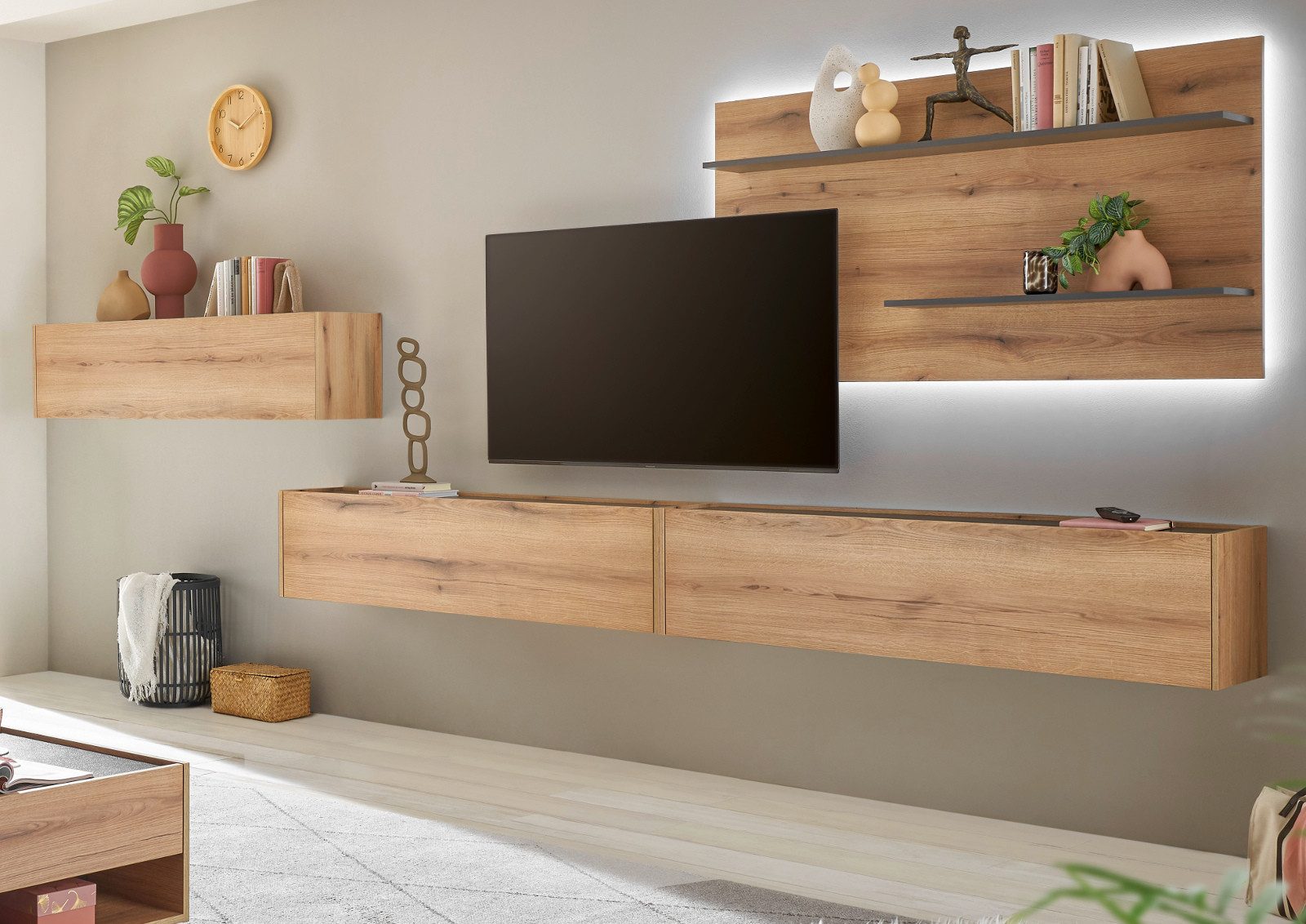 Furn.Design Wohnwand Center, (in Evoke Eiche mit grau, 4-teilig, Breite 350 - 450 cm), mit großem TV Lowboard