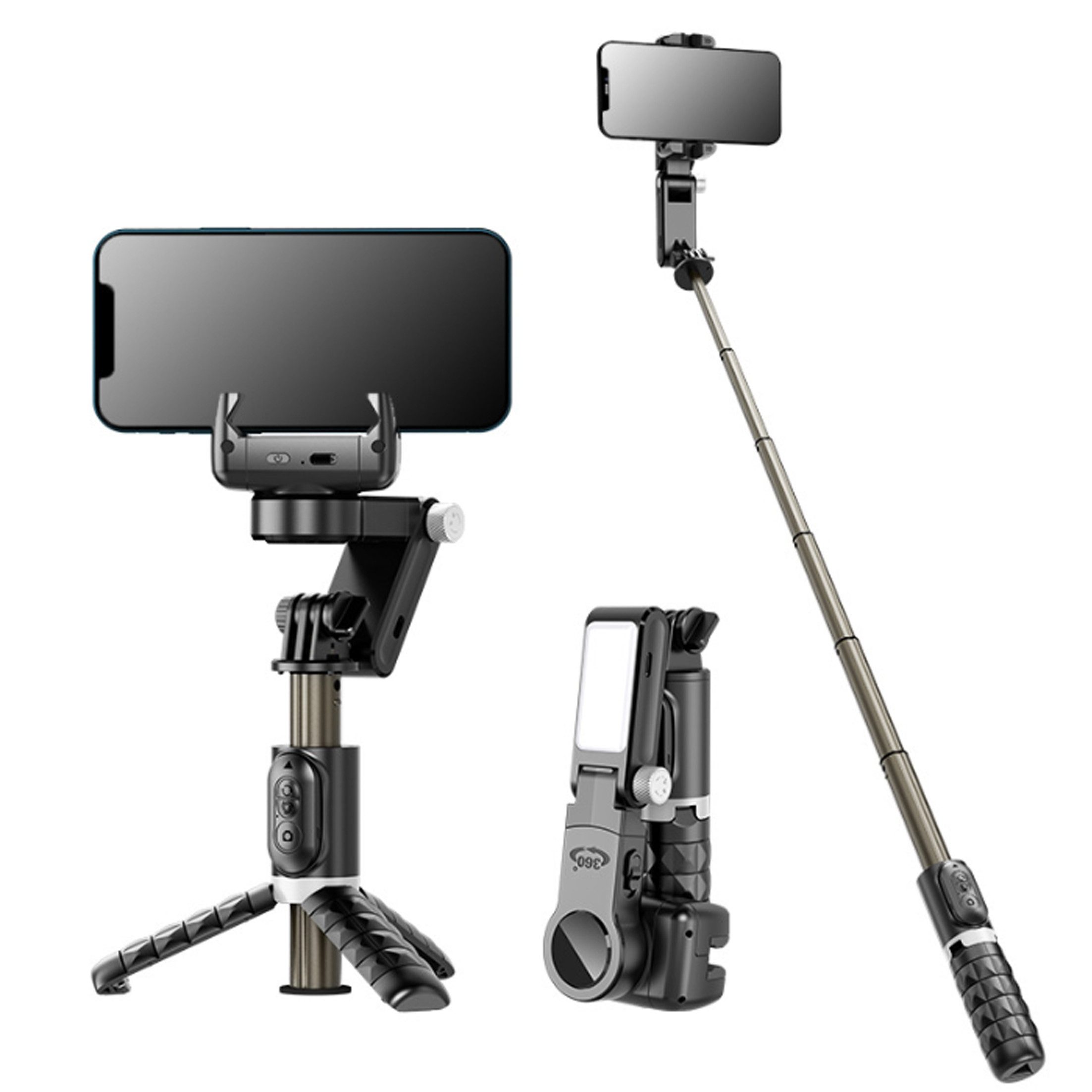 KINSI Selfie-Stick,Foto-Stick,Bluetooth-Handy-Halter,Handy-Stativ Selfiestick (Handy-Stabilisator,Aufhellleuchte,Handheld Gimbal Stabilisator)