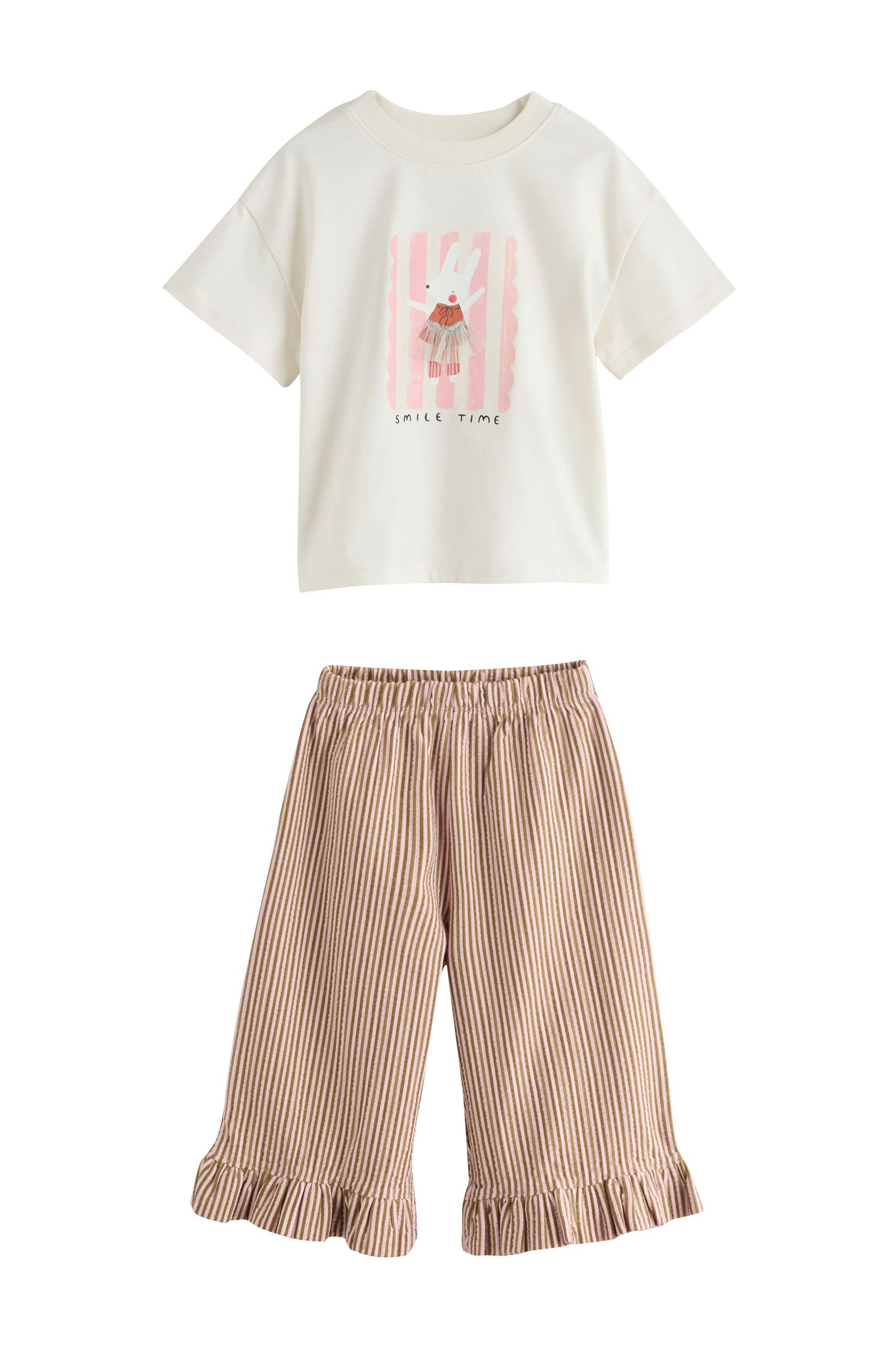 Next Top & Hose Kurzarm-T-Shirt und weite Hose mit Rüschen im Set (2-tlg)