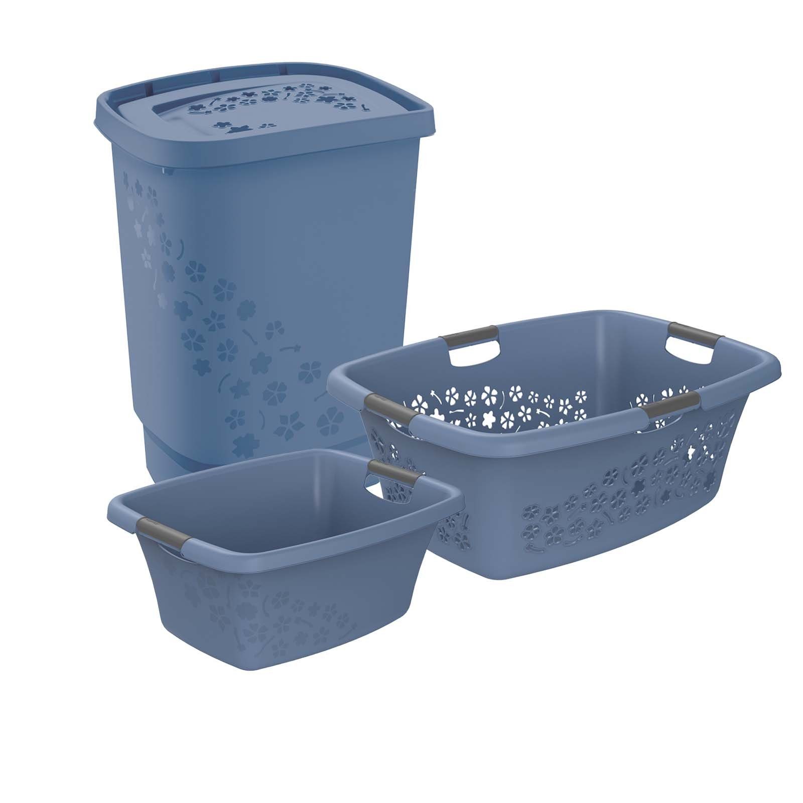 tlg. des (PP) Kunststoff blau 25l ermöglichen Wäschekorb ROTHO Wäschekorbset BPA-frei (Wäscheset, 50l, 3-tlg), 12l Belüftungslöcher Flowers 3 Luftzirkulation in Wäschesammlers innerhalb Blumenform Set Horizon
