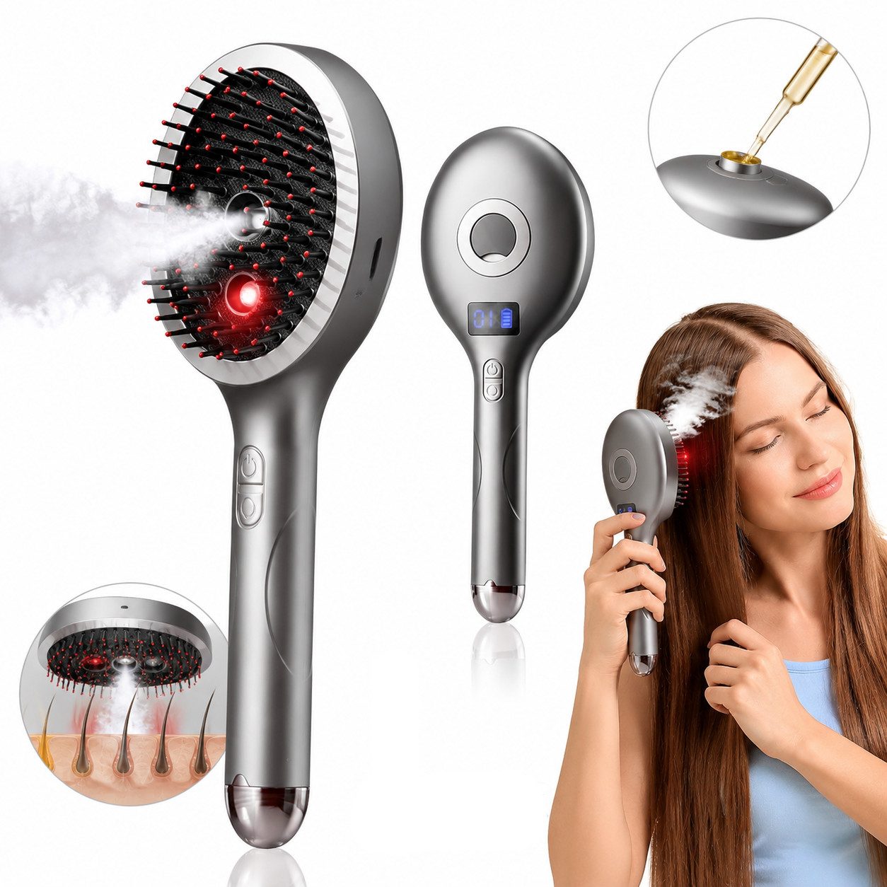 OYLCDI Haarglättbürste Elektrische Haarpflege Bürste mit Kopfhautmassage, Rotlicht, Vibration und Feuchtigkeitsspray,mit integriertem Pflegebehälter