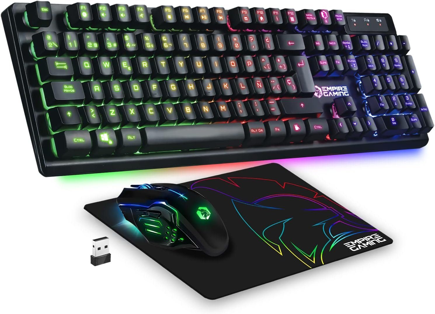 EMPIRE GAMING Armor RF800 Teclado y Ratón Para Gamer, wiederaufstellbar Tastatur- und Maus-Set, RGB Wireless 2,4 GHz Keyboard – 4800 DPI Maus – PC PS4 PS5 Xbox One