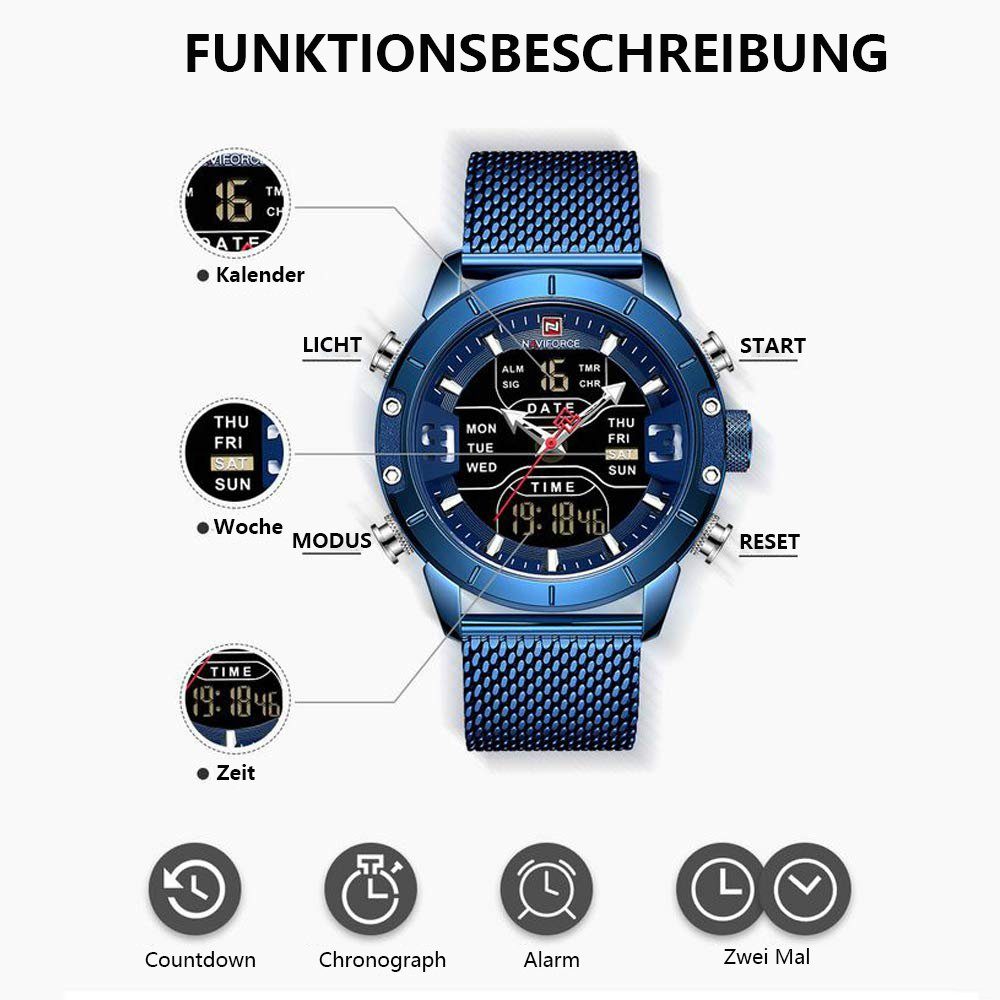 Blau Sportuhren, GelldG Uhr Armbanduhr Digitaluhr, wasserdichte Quarzuhr Edelstahl